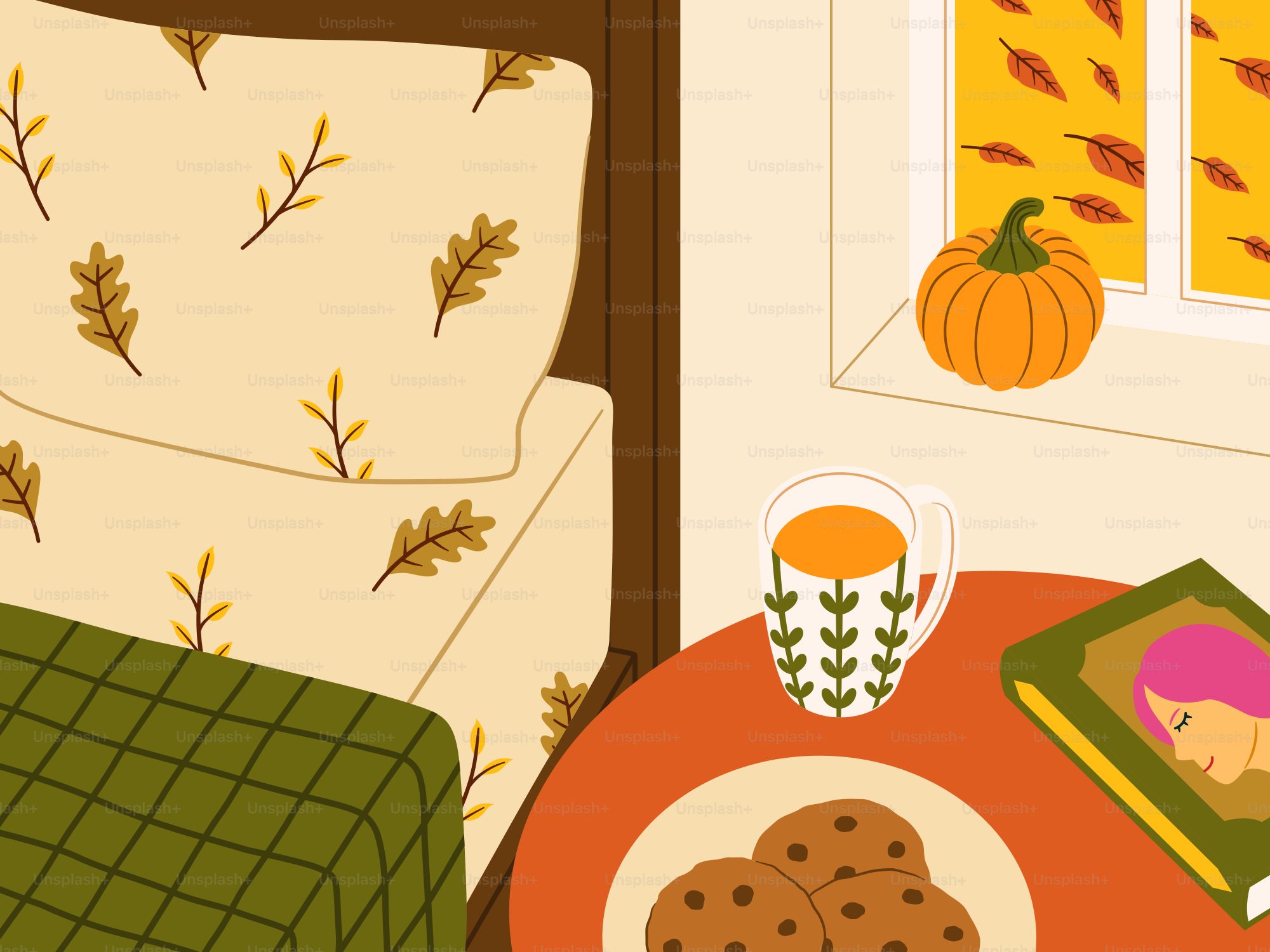 Cozy autumn scene with pumpkin, cookies, and hot drink.