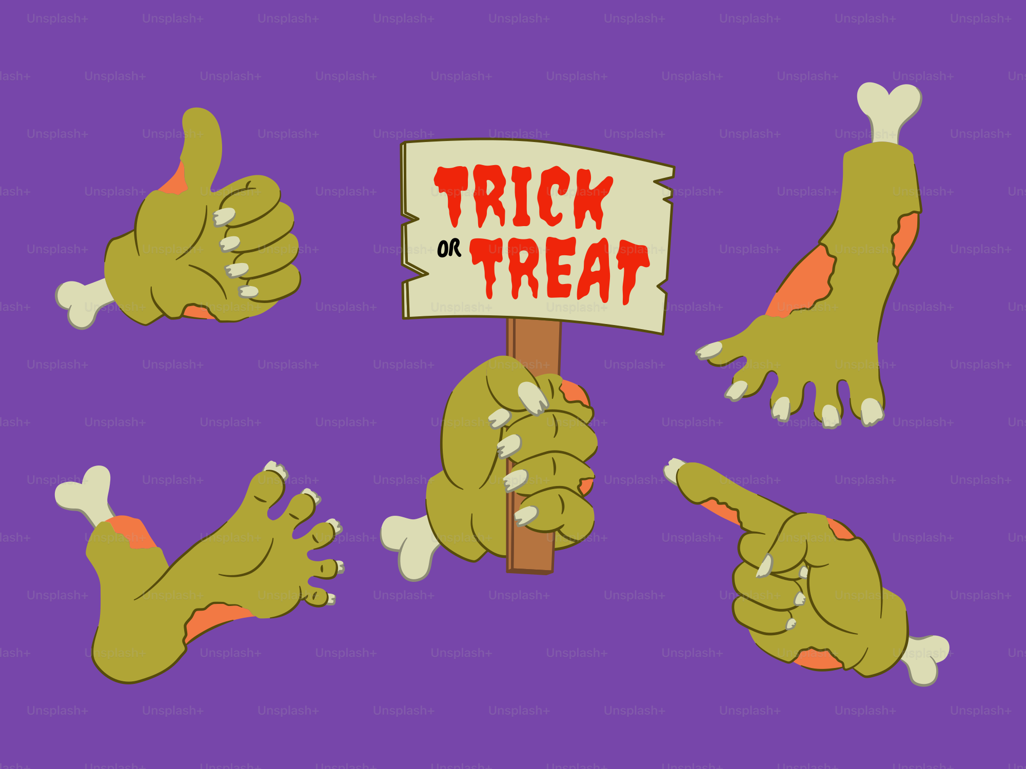 Mains et pieds de zombies tenant un signe de bonbons ou sort