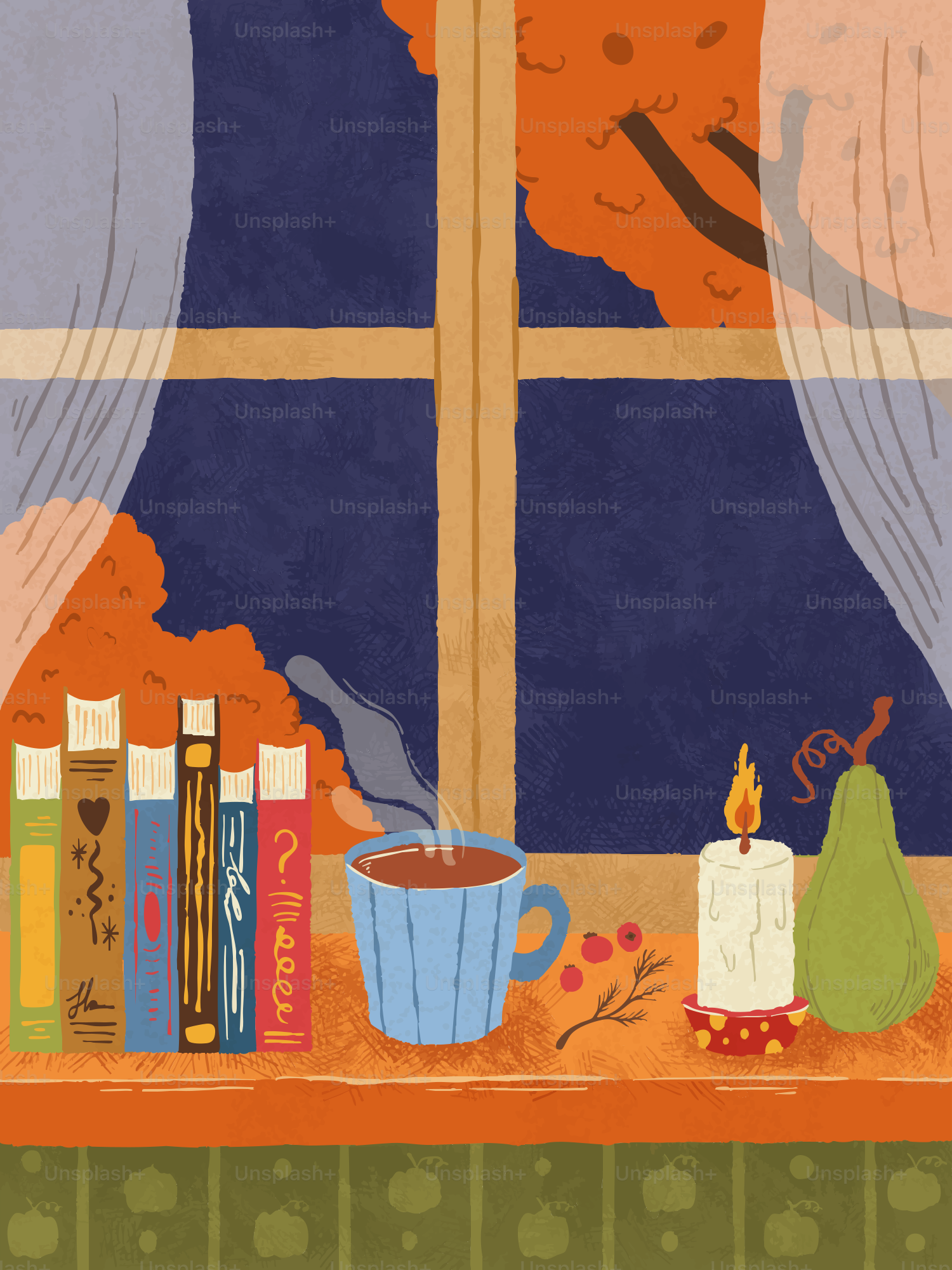 Cozy autumn scene with books, tea, and candle.