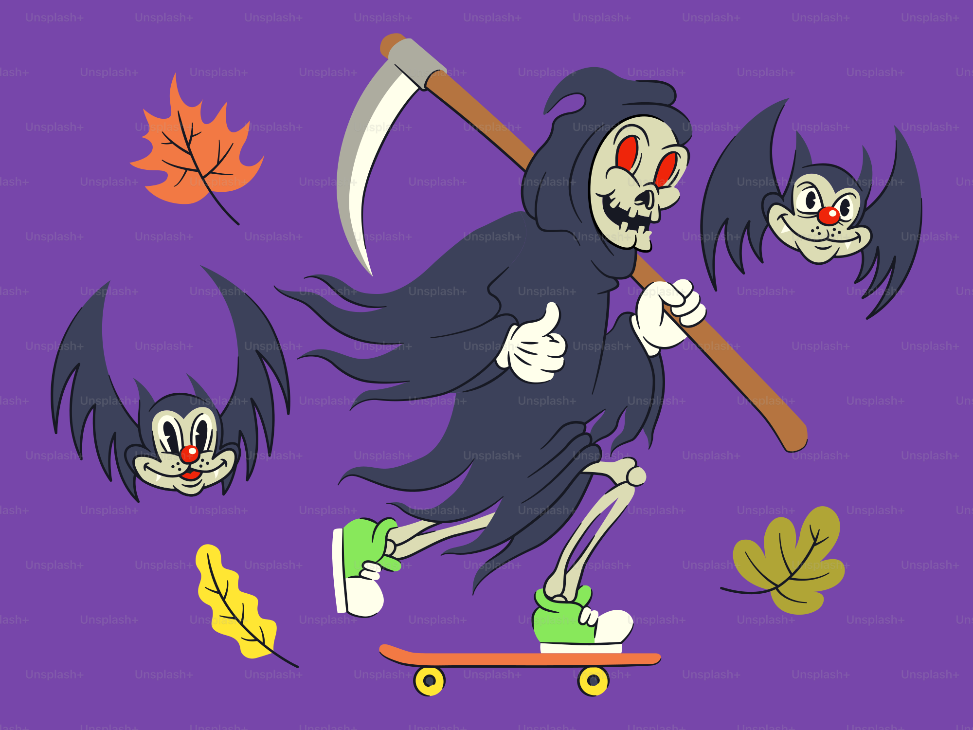 Grim reaper on skateboard with bats and leaves