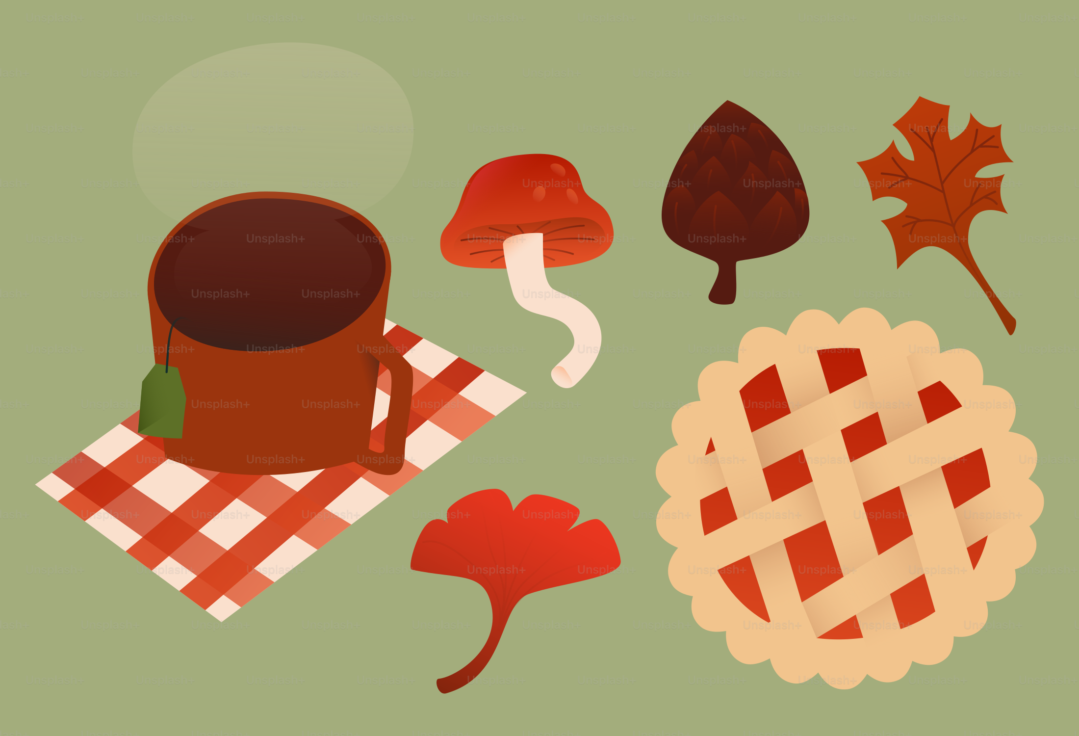 Autumnal still life with tea, pie, and leaves