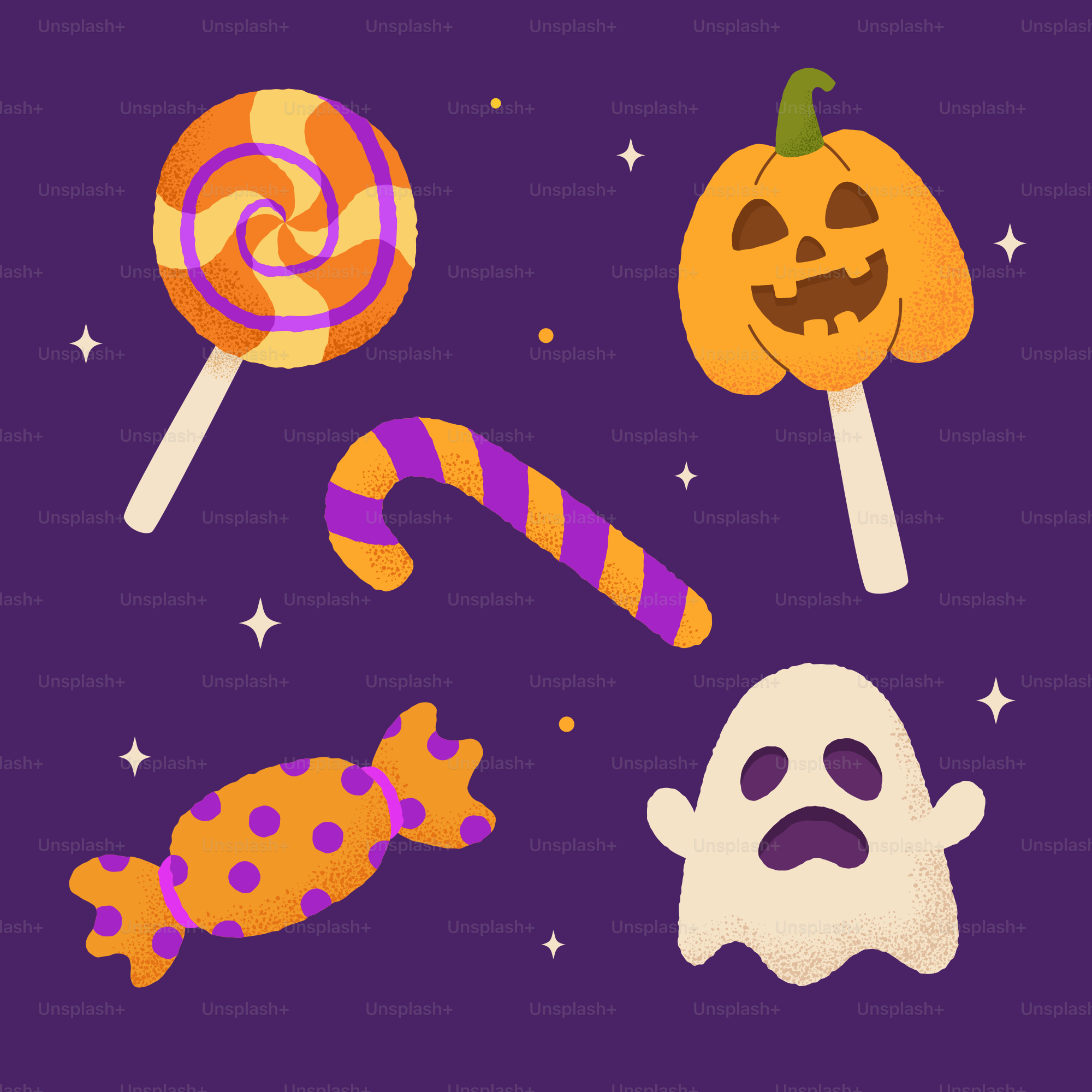 Halloween candy and a ghost on purple background