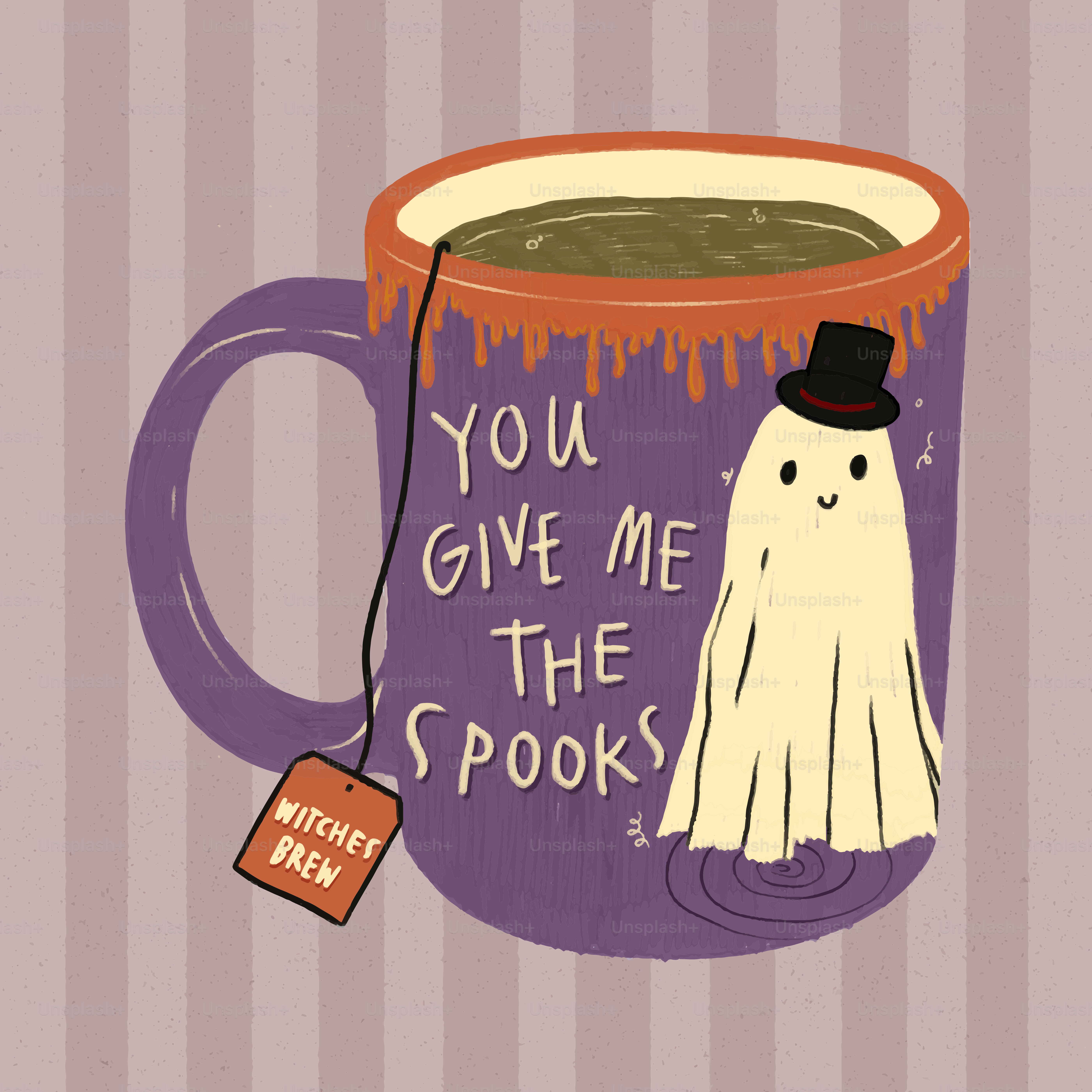 A ghost wearing a top hat sits on a mug.