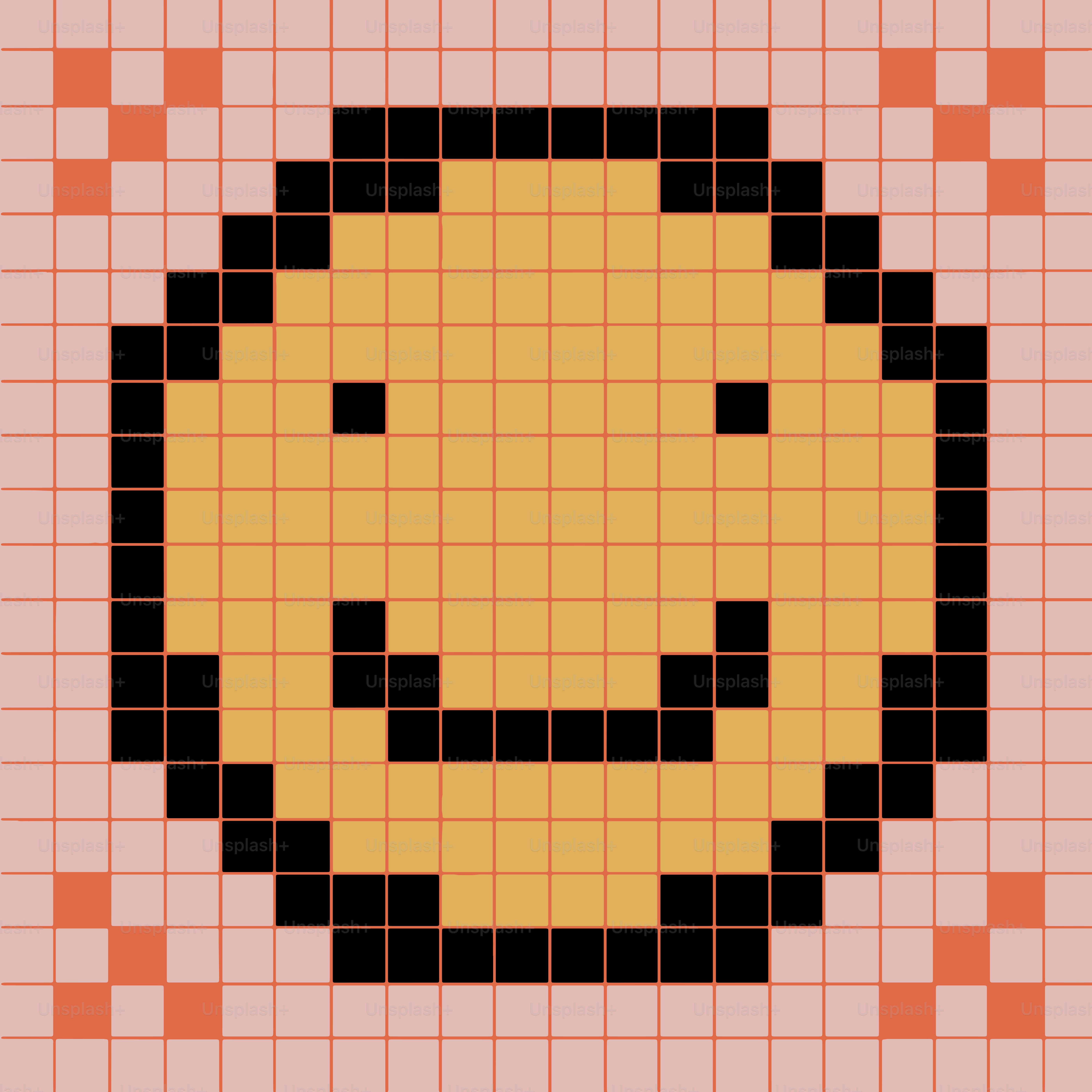 Carita sonriente pixel art con fondo de cuadrícula naranja