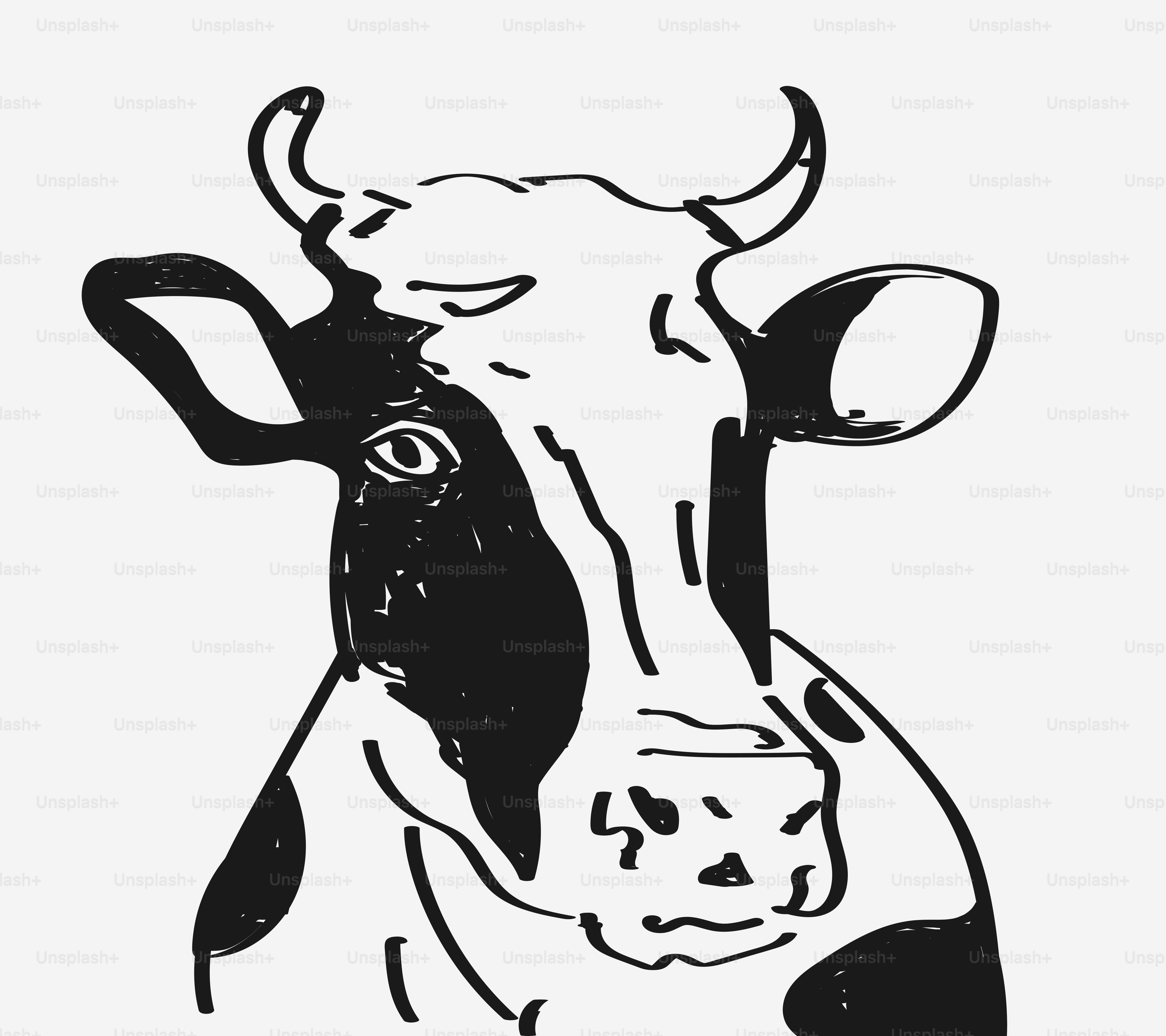 Black and white sketch of a cow's head