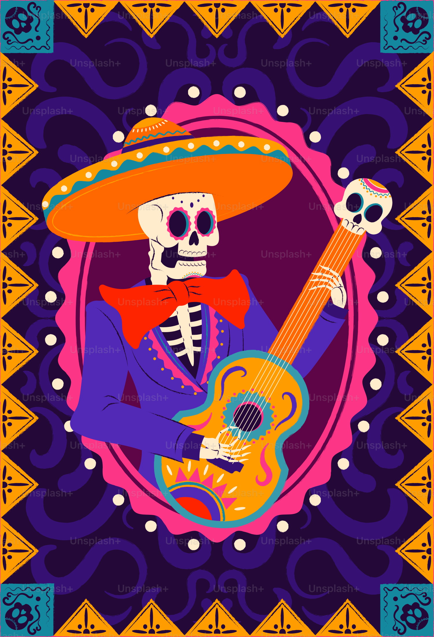 Skeleton mariachi playing guitar with colorful background