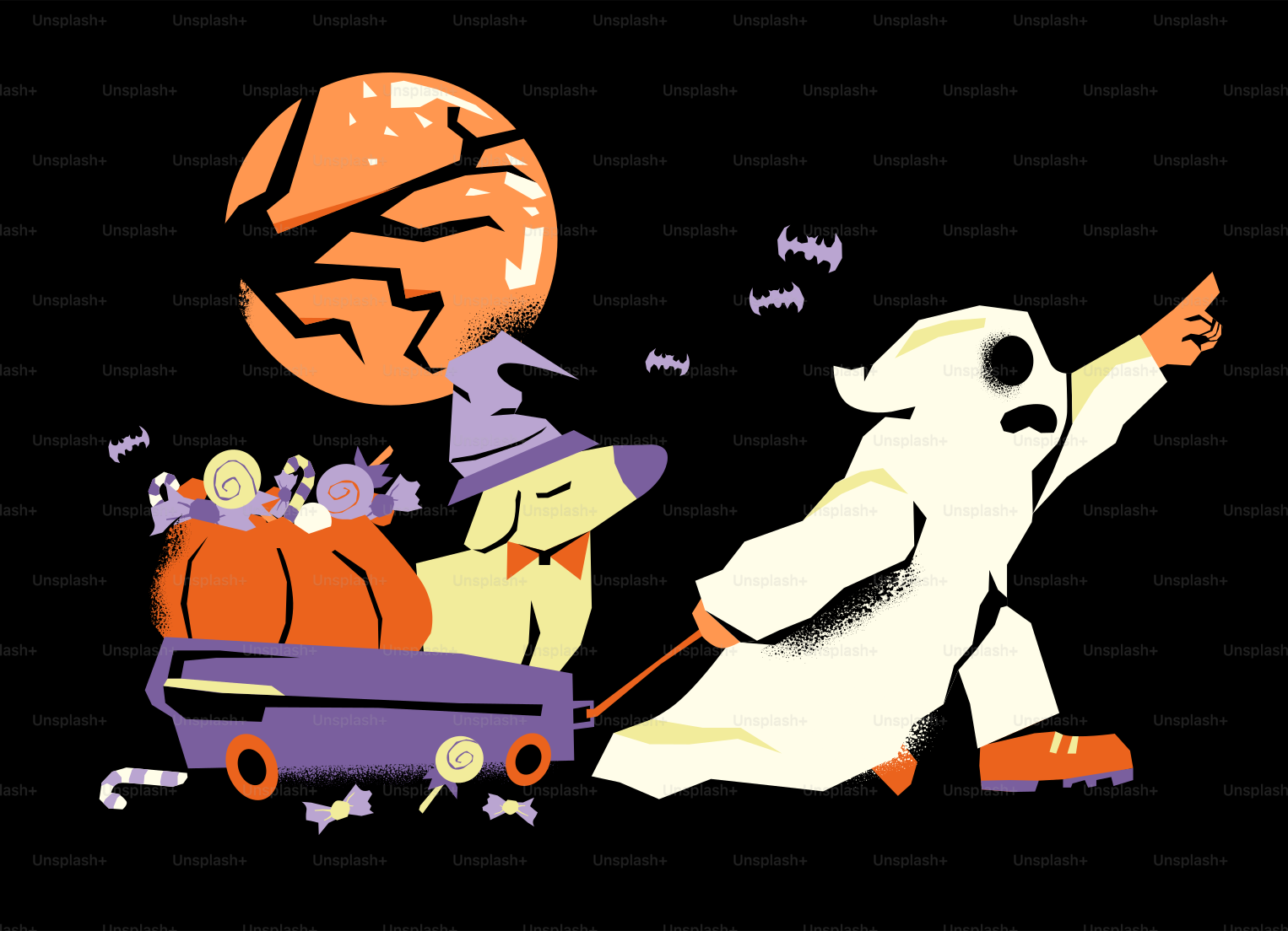 Dog in ghost costume pulling wagon of candy