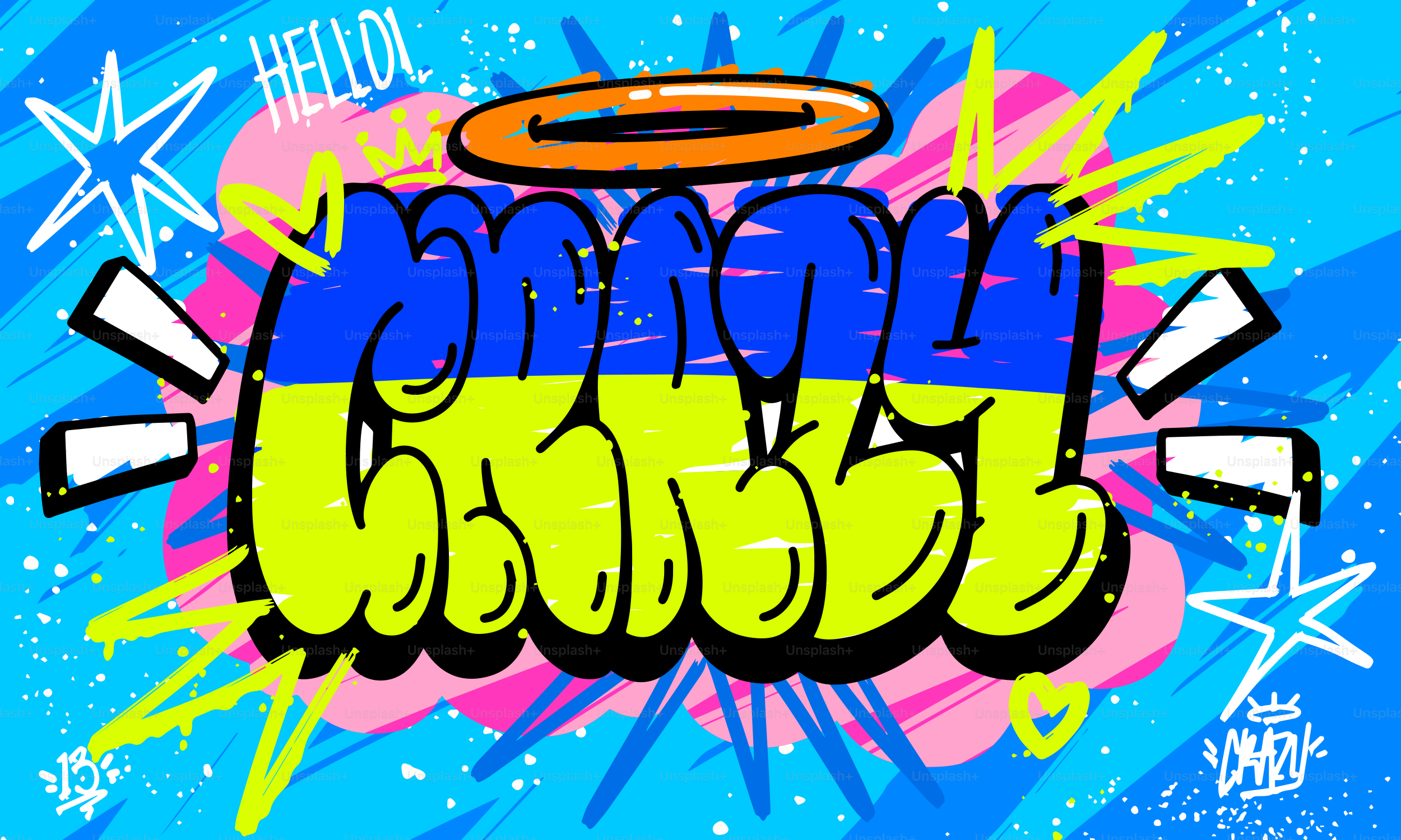 Graffiti art with bright colors and text.