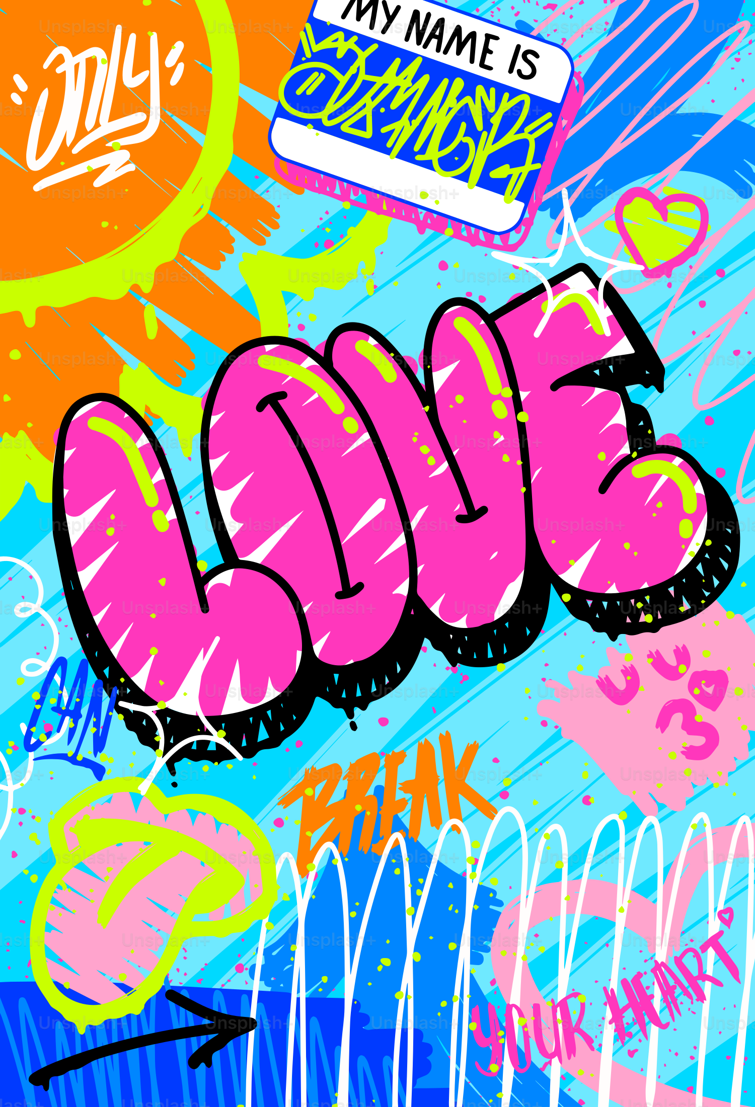 Art du graffiti avec le mot amour et des éléments abstraits colorés.