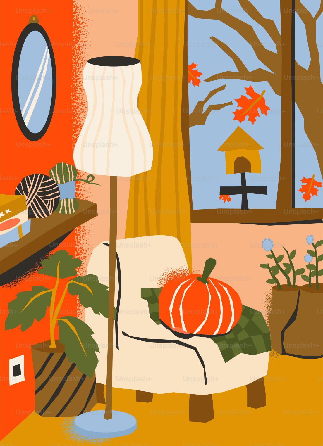 Cozy room with pumpkin and autumn view.