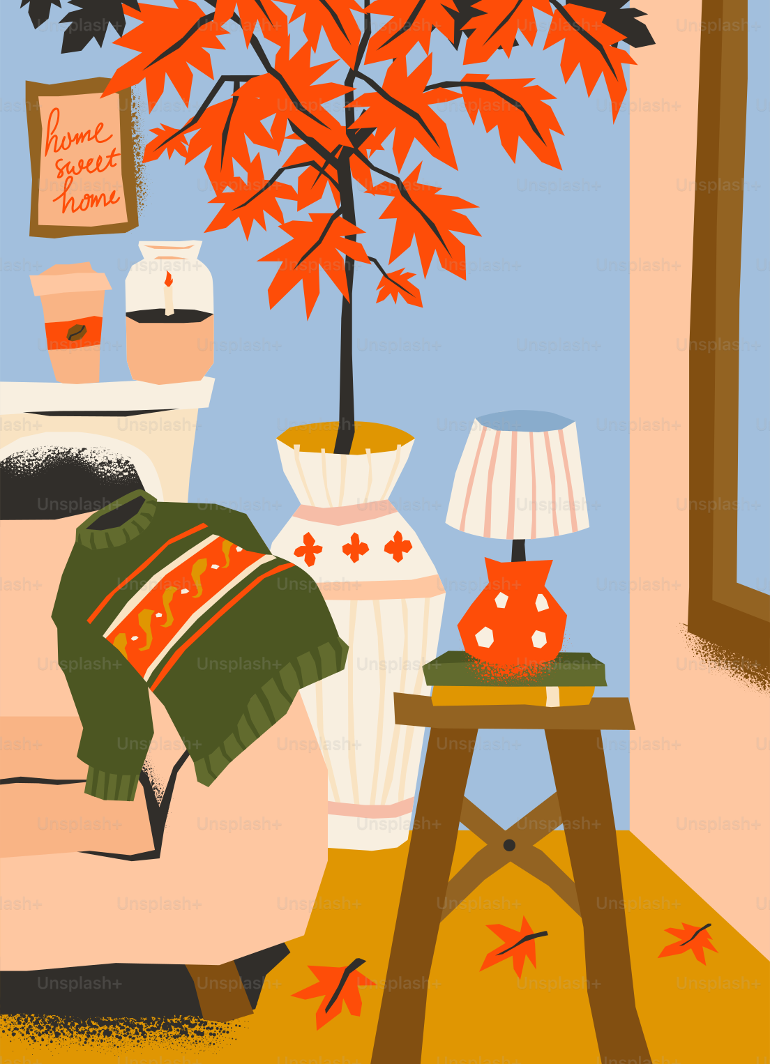 Gemütliche Herbstszene mit Pullover und Pflanze.