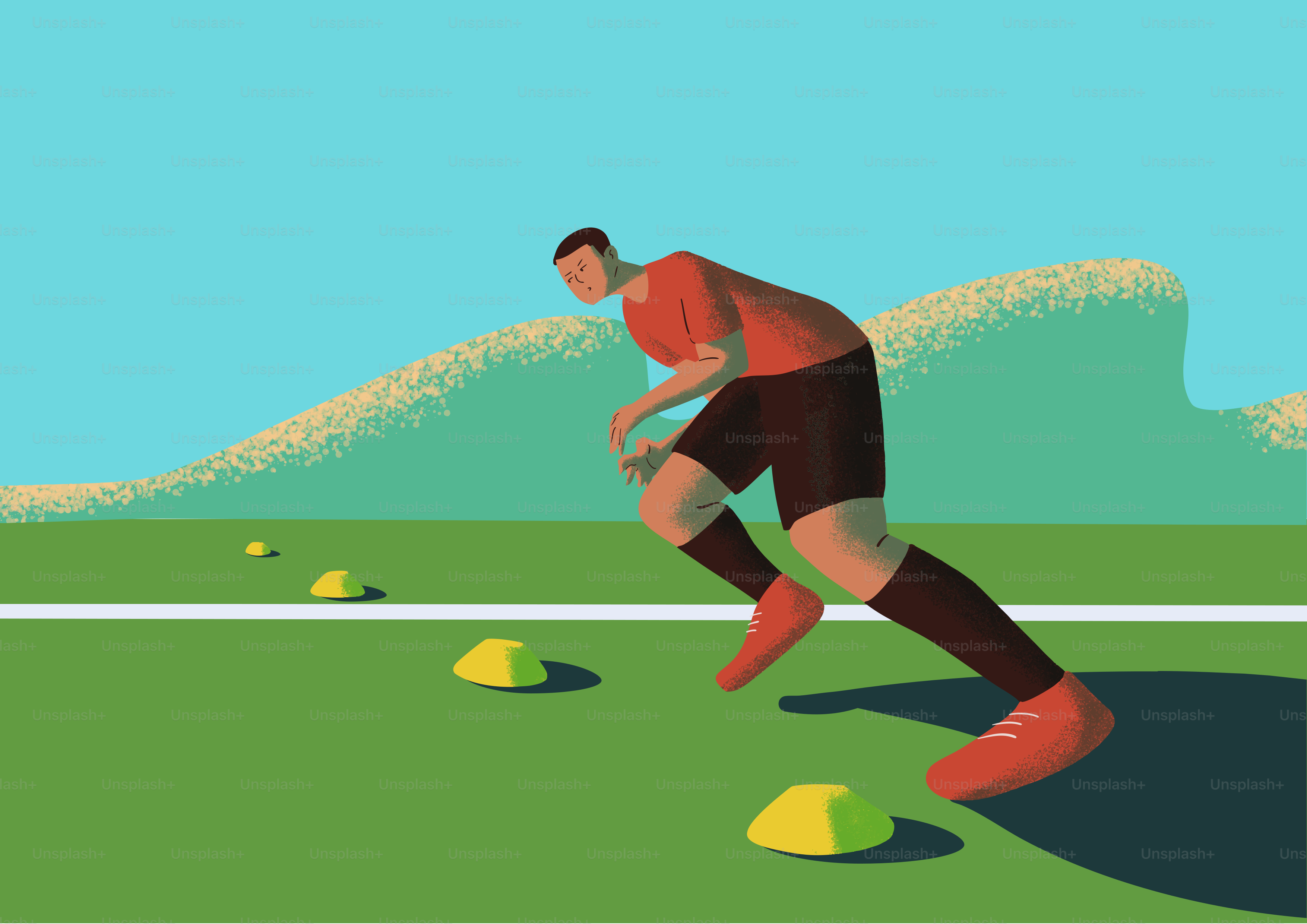 Jugador de fútbol entrenando con conos en un campo.