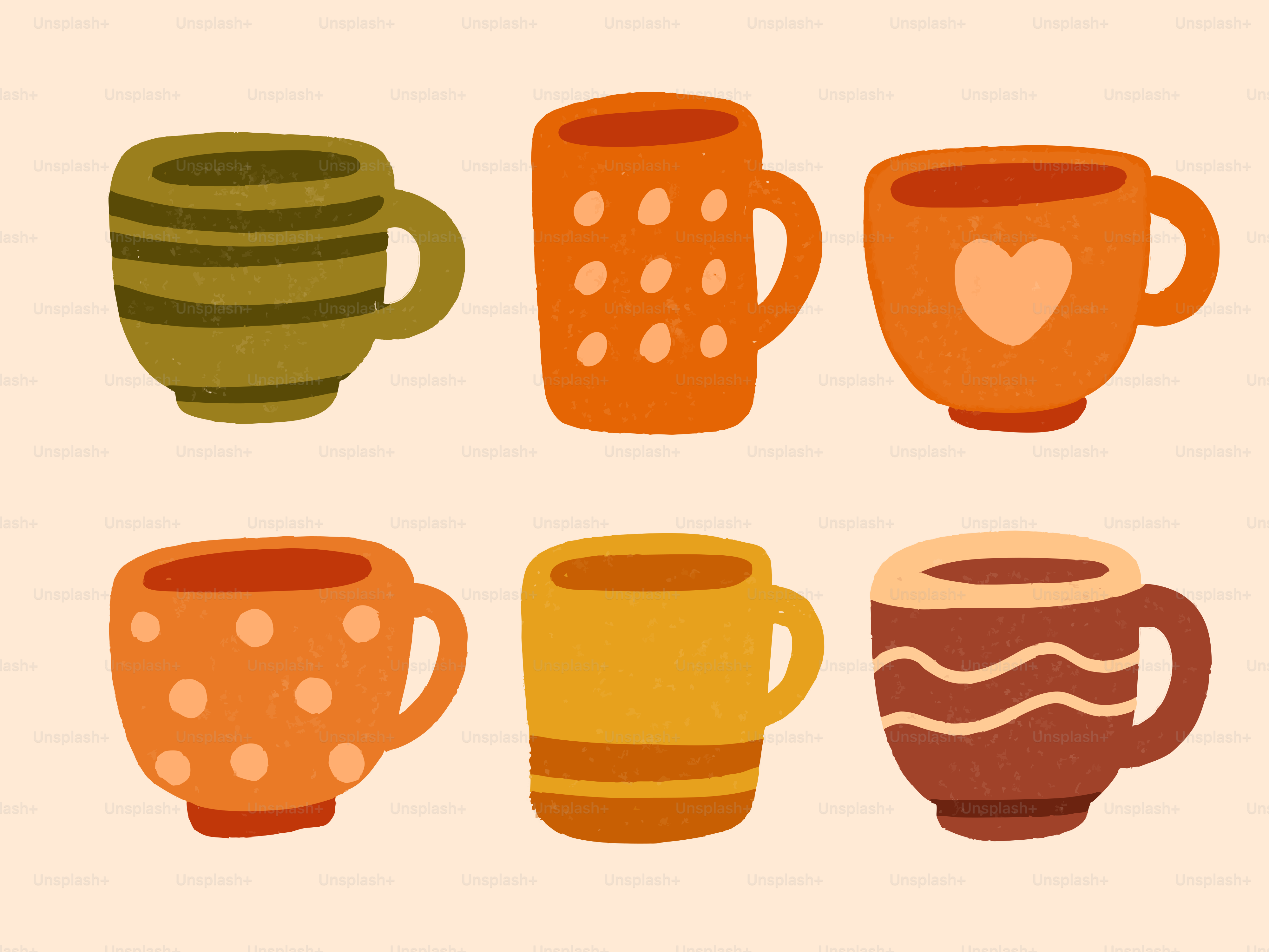 Six colorful mugs with various patterns and designs.