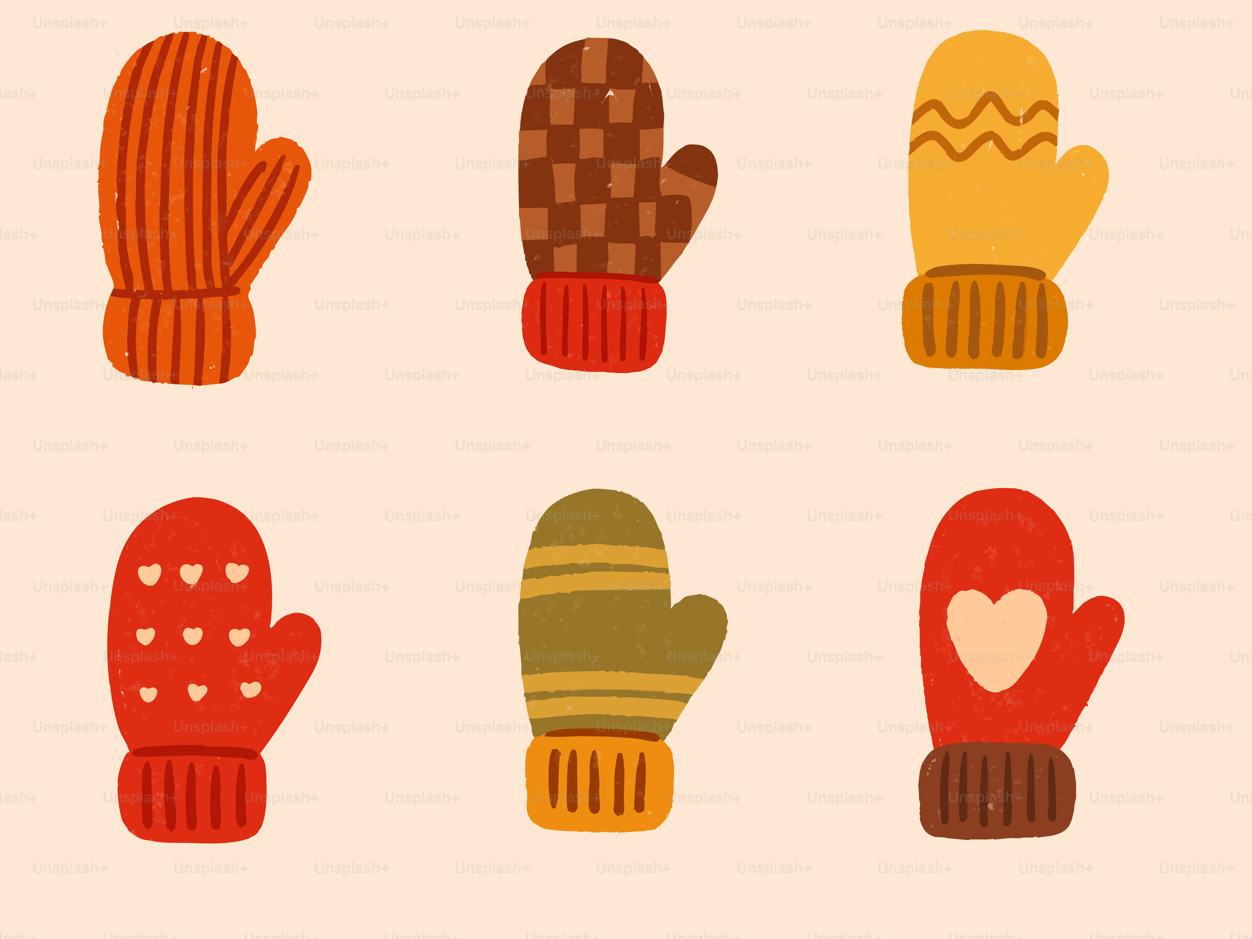 Six patterned mittens arranged in two rows on cream background