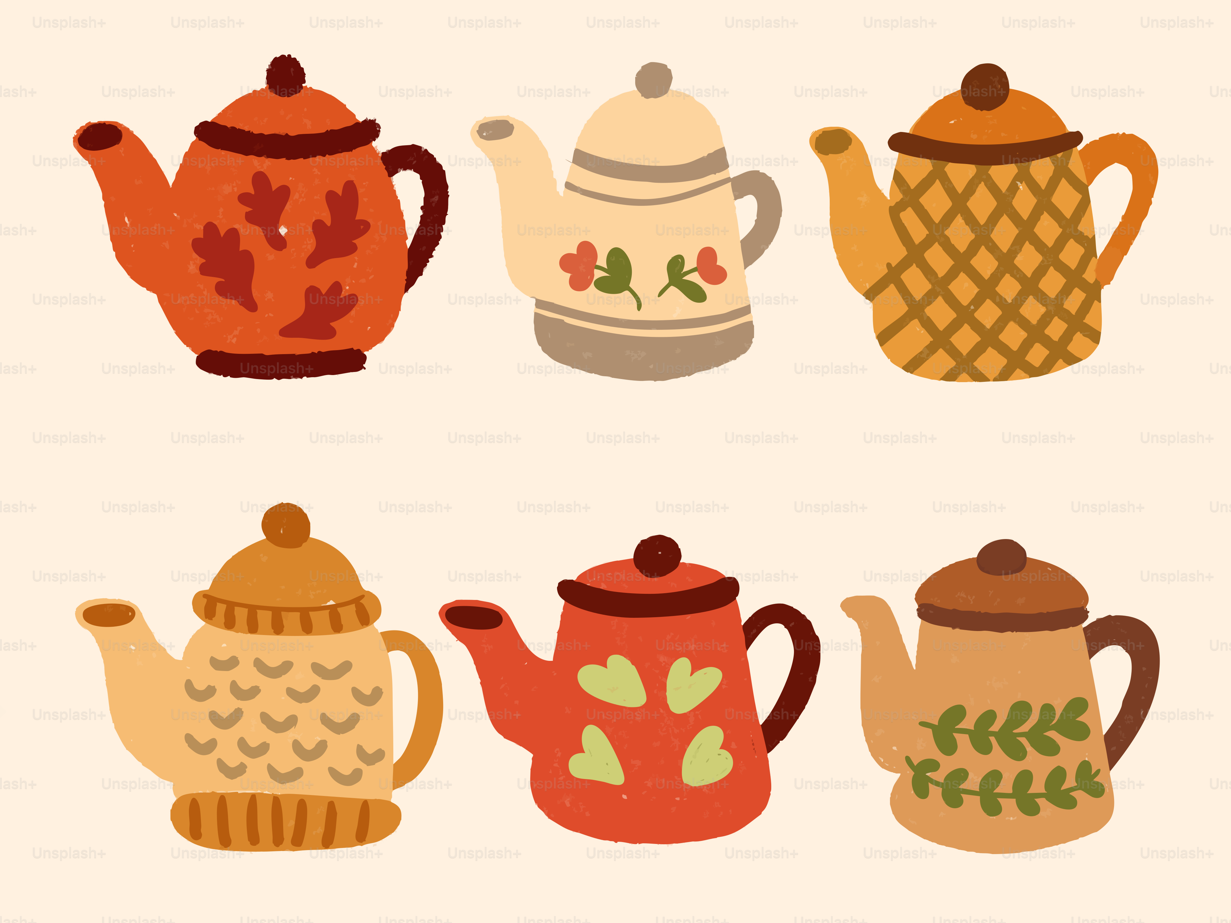 Six decorative teapots with various patterns on beige background