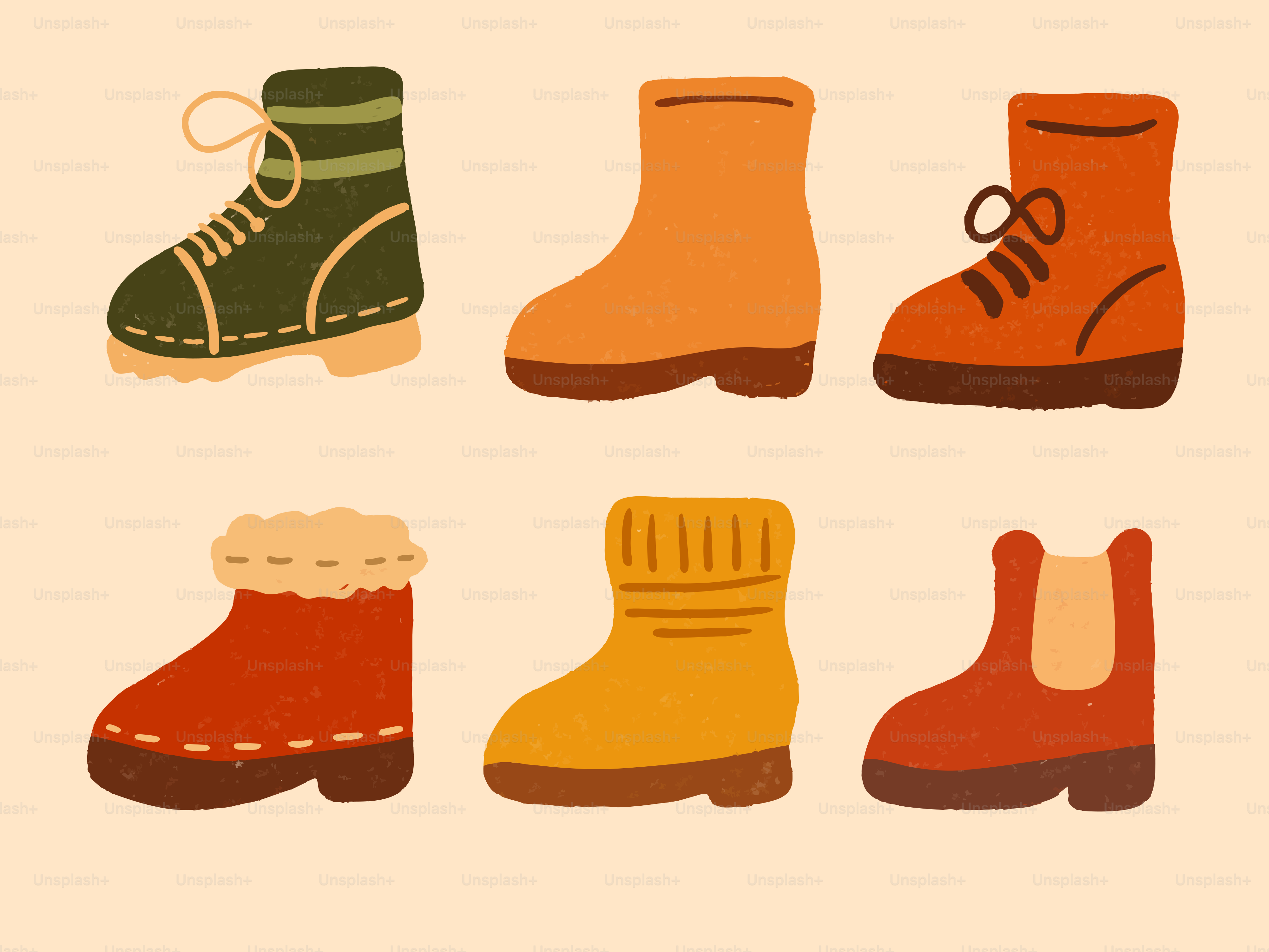 Six different styles of winter boots arranged