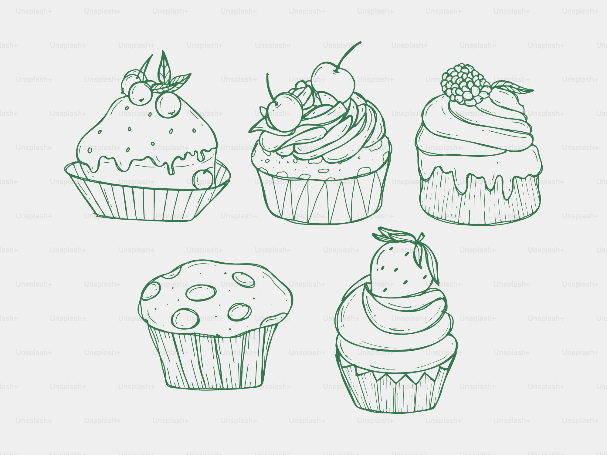 Fünf verschiedene Cupcakes im Umrissstil gezeichnet.