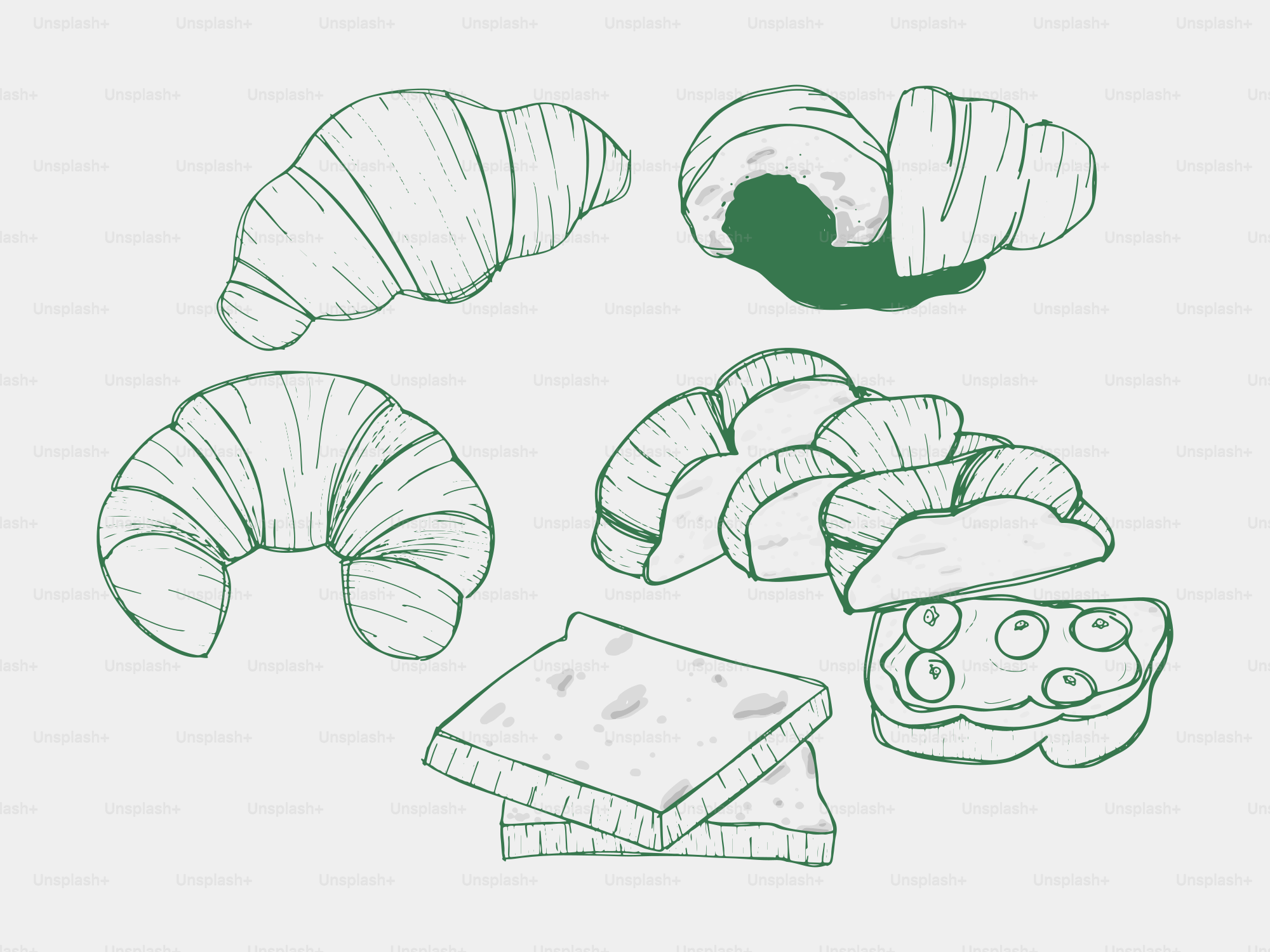 Surtido de croissants y bocadillos sobre fondo liso.