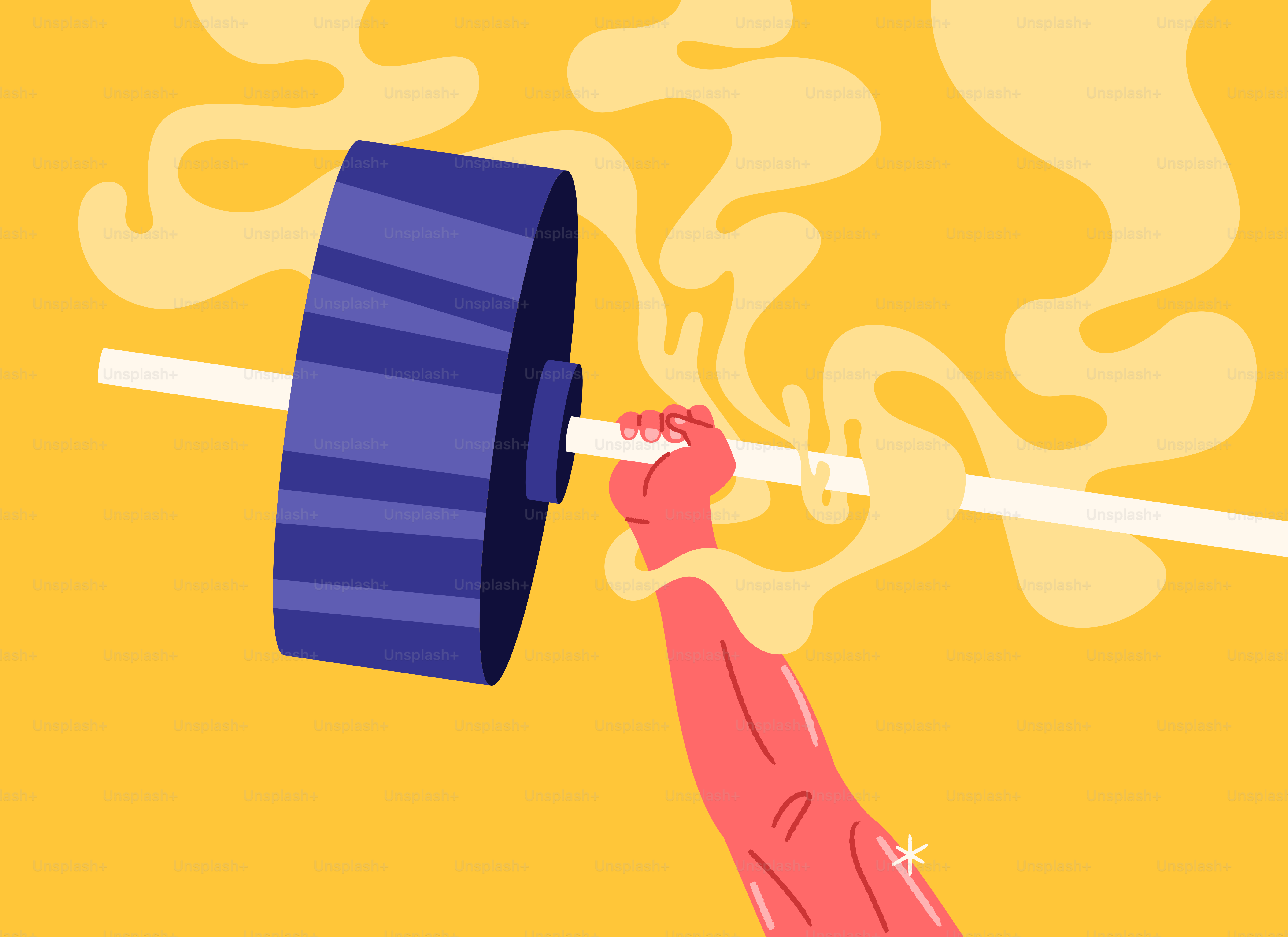 Arm lifting heavy barbell with yellow smoke effect