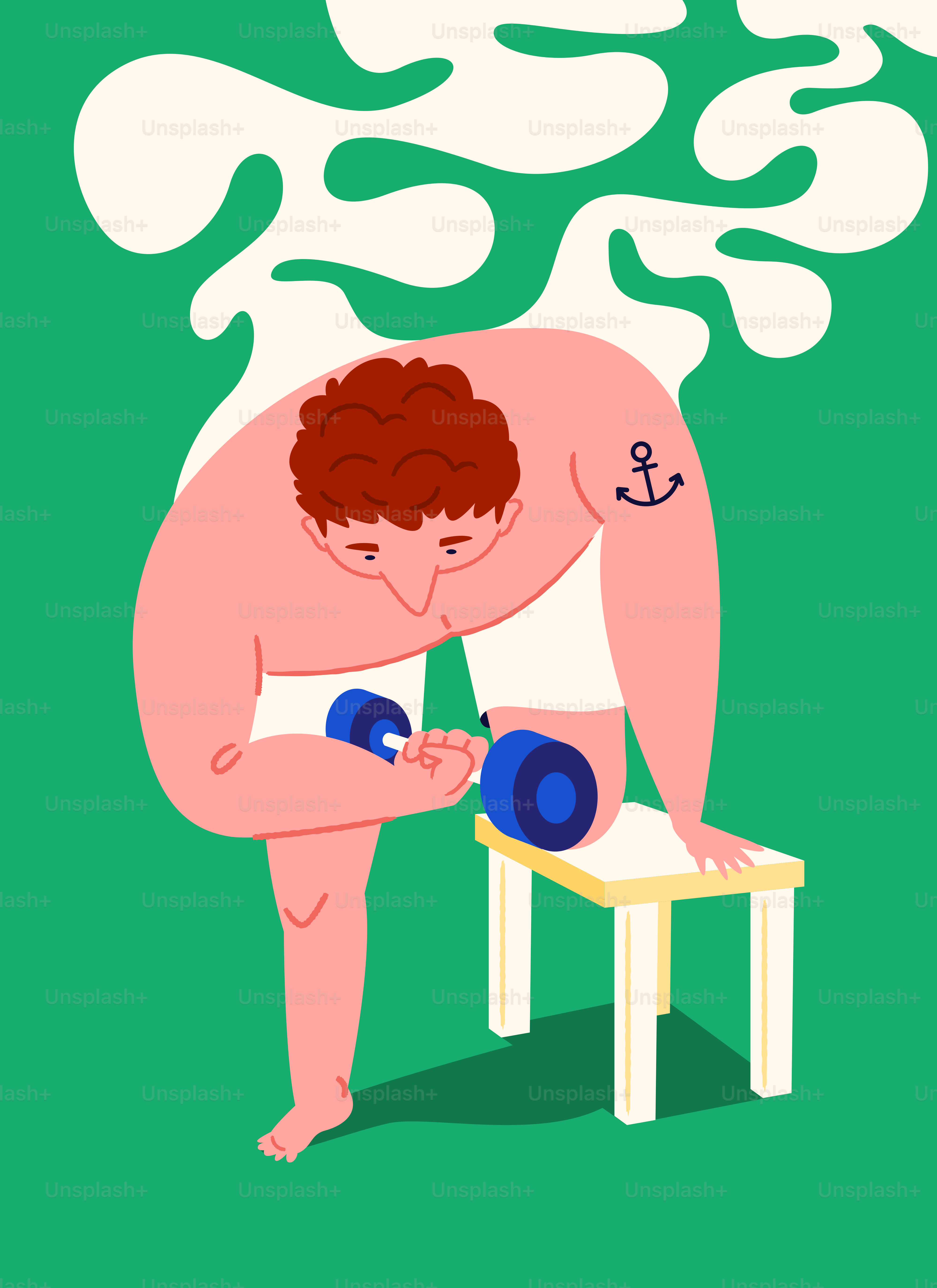 Man with anchor tattoo lifting dumbbell on stool