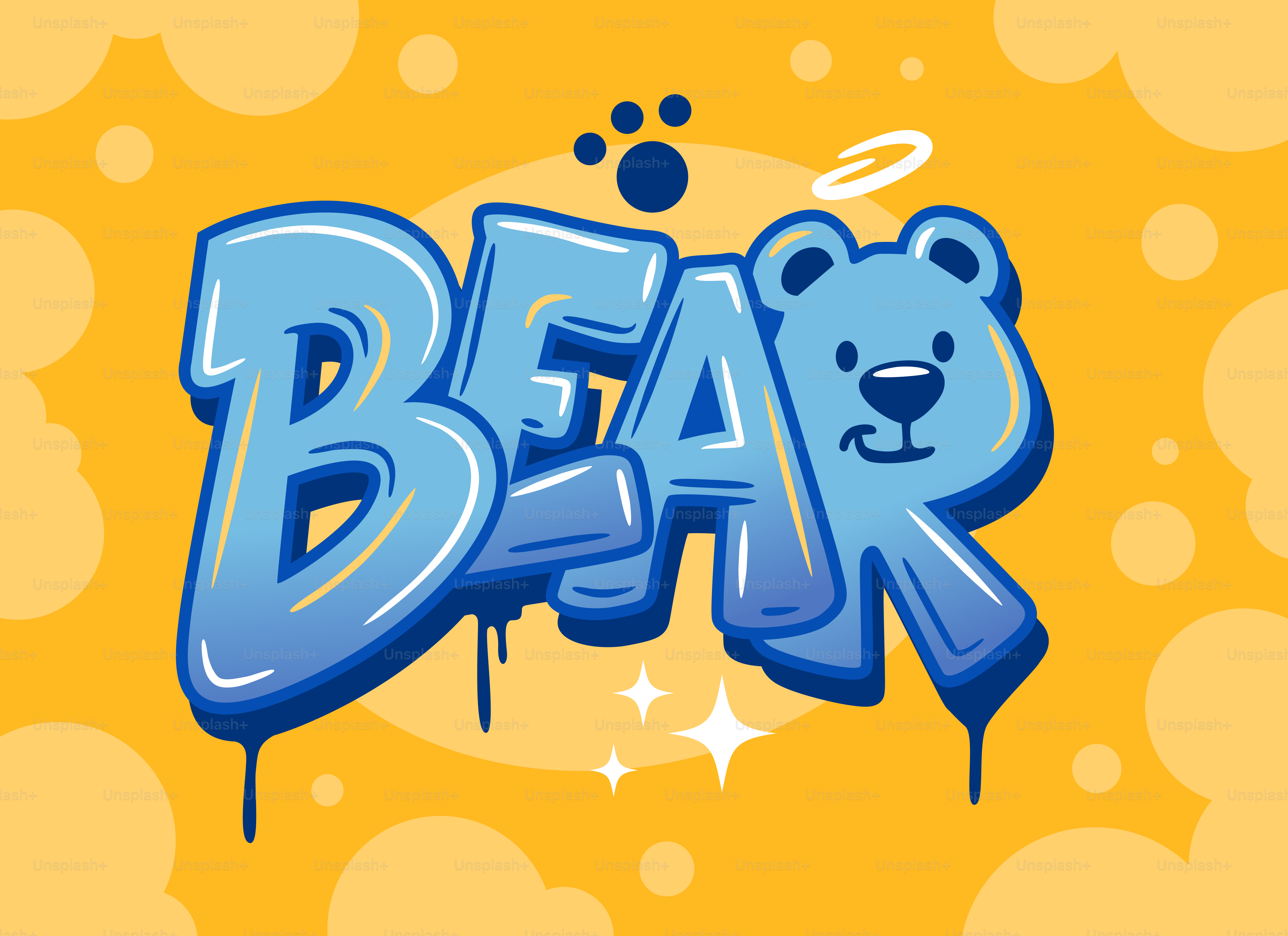 Blue graffiti letters spell bear with a cartoon bear face.