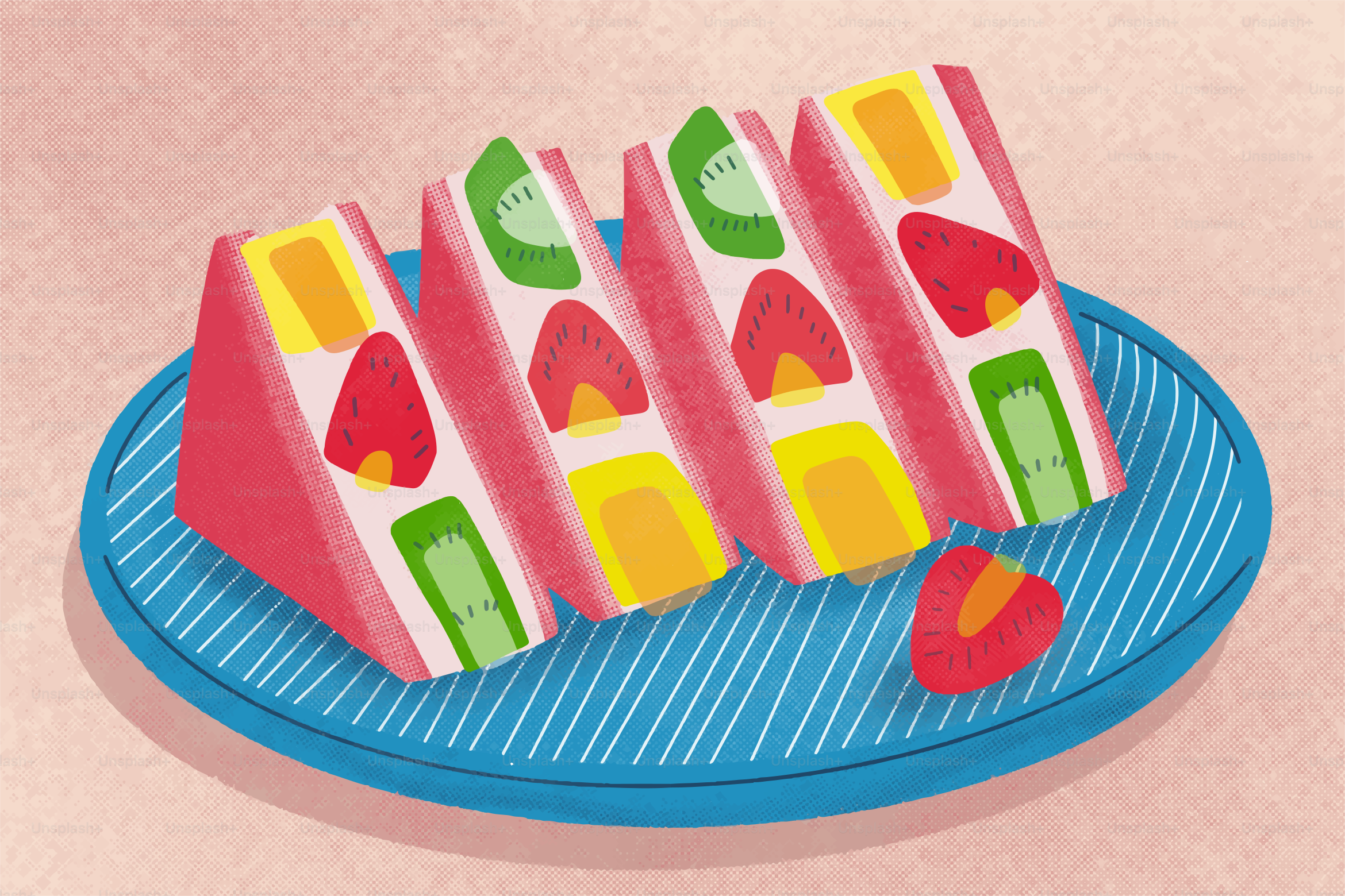 Vier bunte Obstsandwiches auf einem blauen Teller.