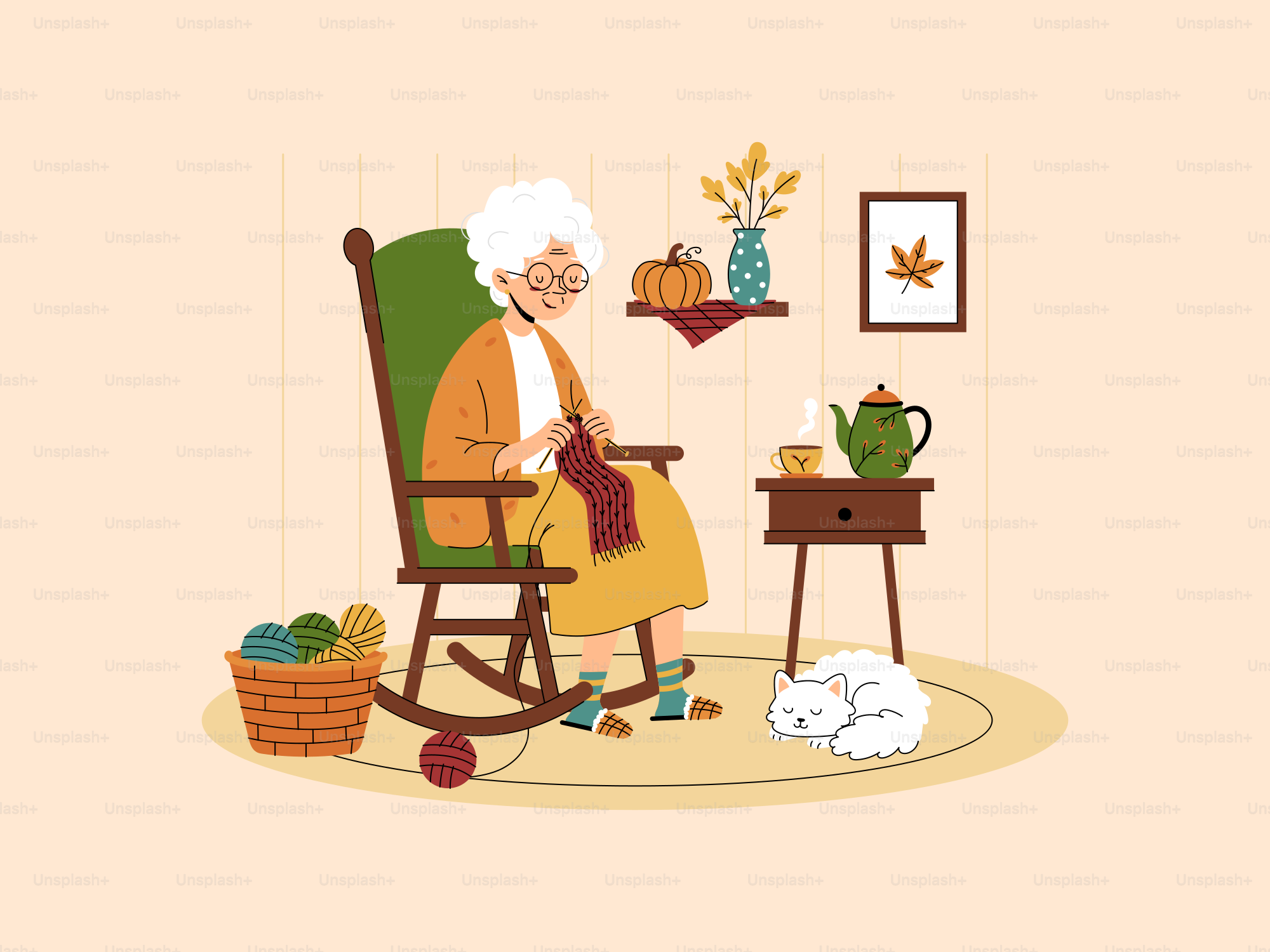 Elderly woman knitting in a rocking chair with cat. vector – Cat Image ...