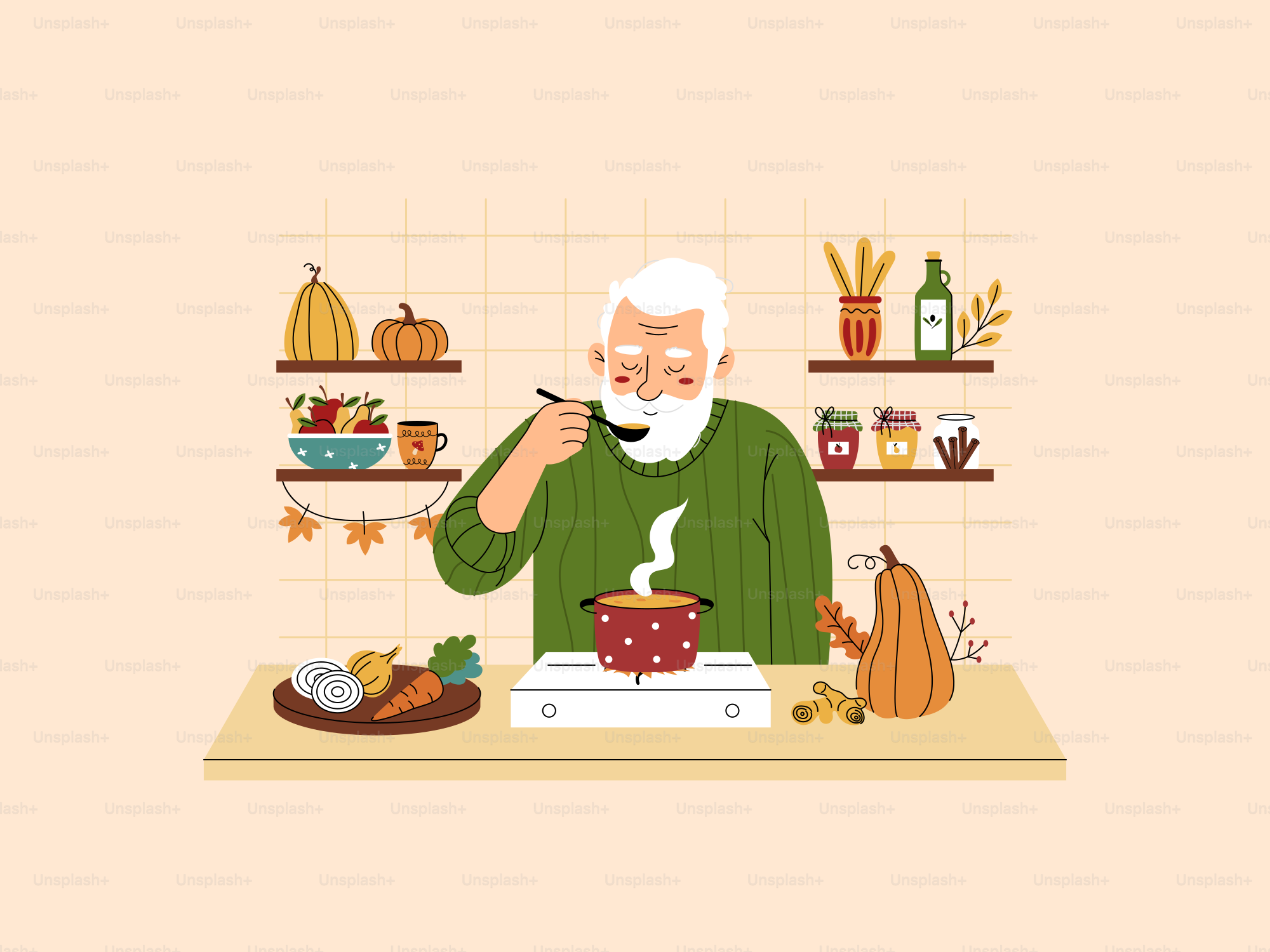 Elderly man tasting soup from pot on stove.