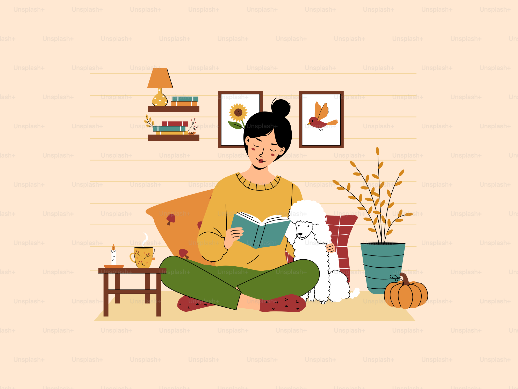 Woman reading book with dog on couch