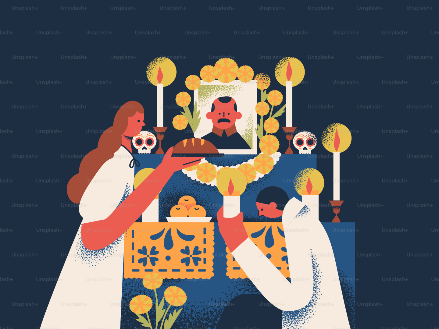 People decorating an altar with candles and flowers.