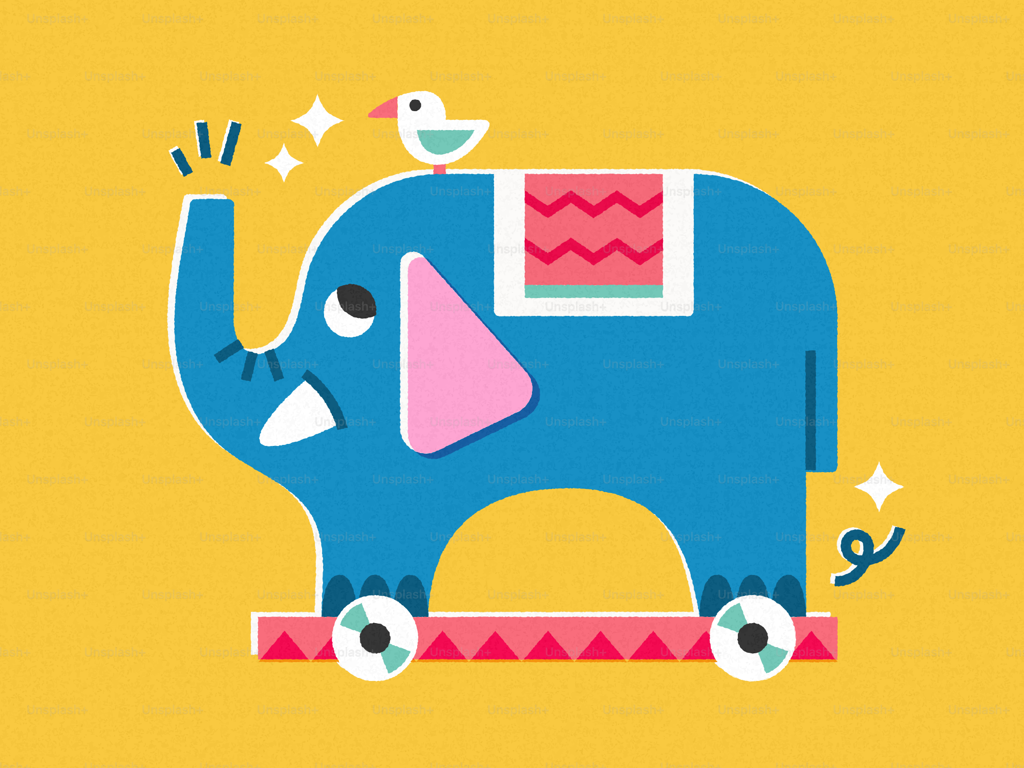 Un jouet éléphant bleu avec un oiseau sur le dos