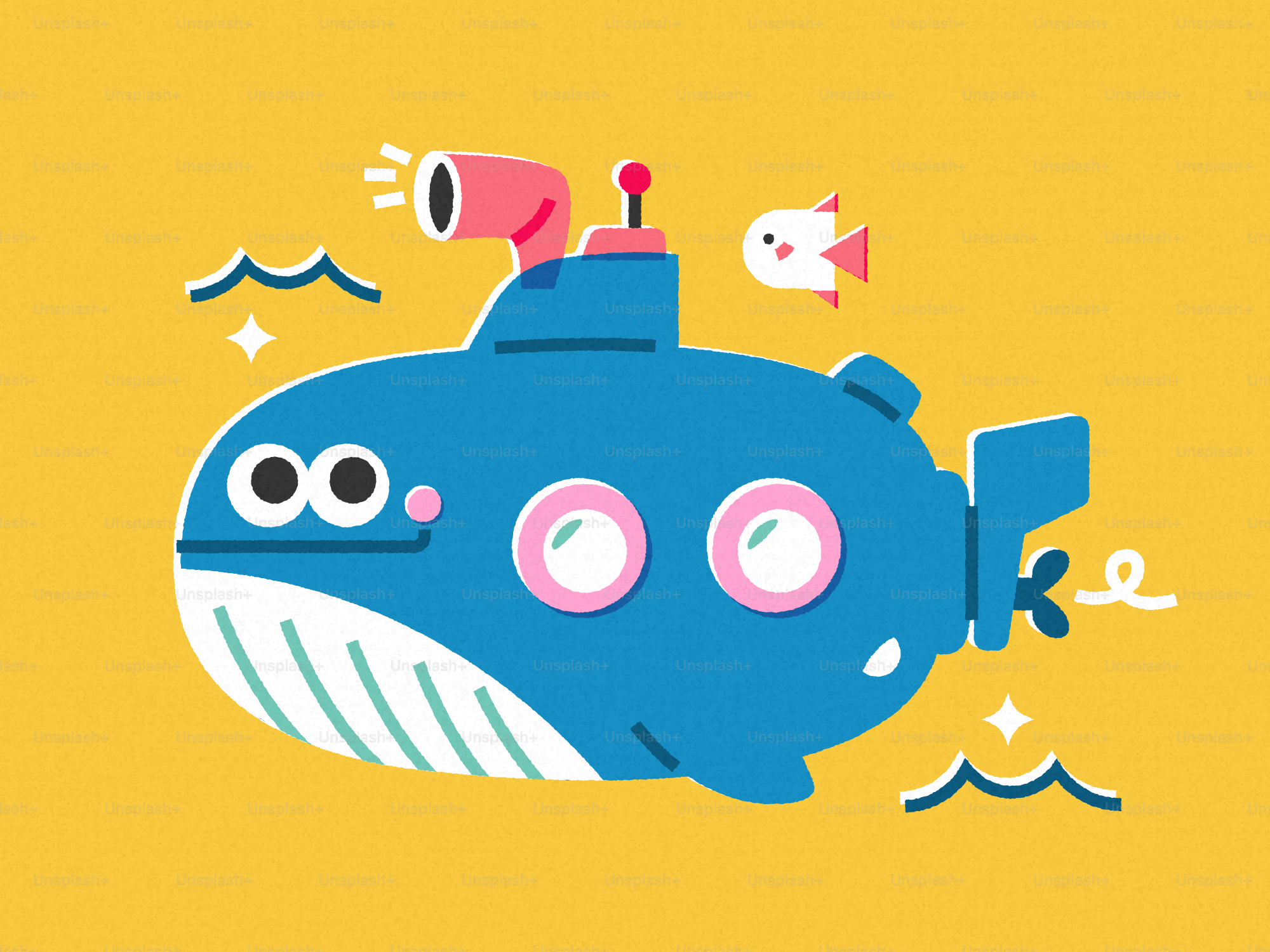 A whimsical blue whale submarine with a fish companion.