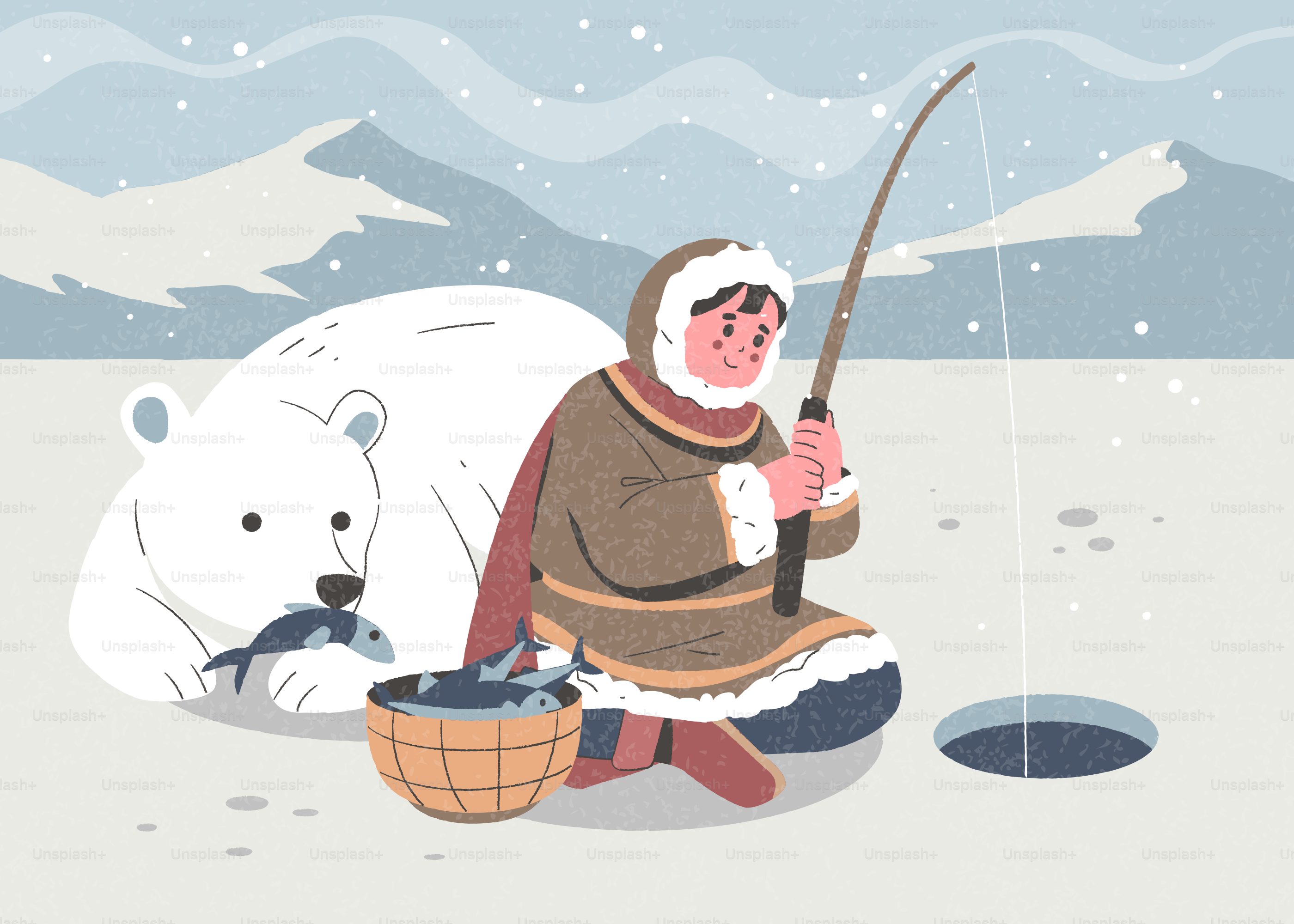 Pessoa pescando no gelo com um urso polar por perto