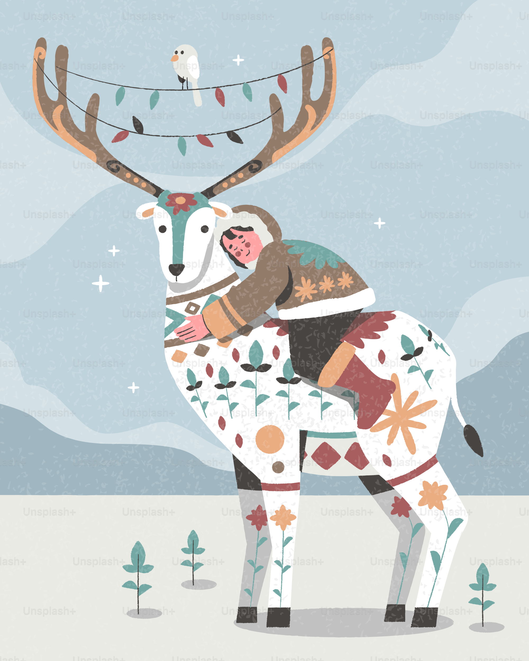 Person rides decorated reindeer with festive lights