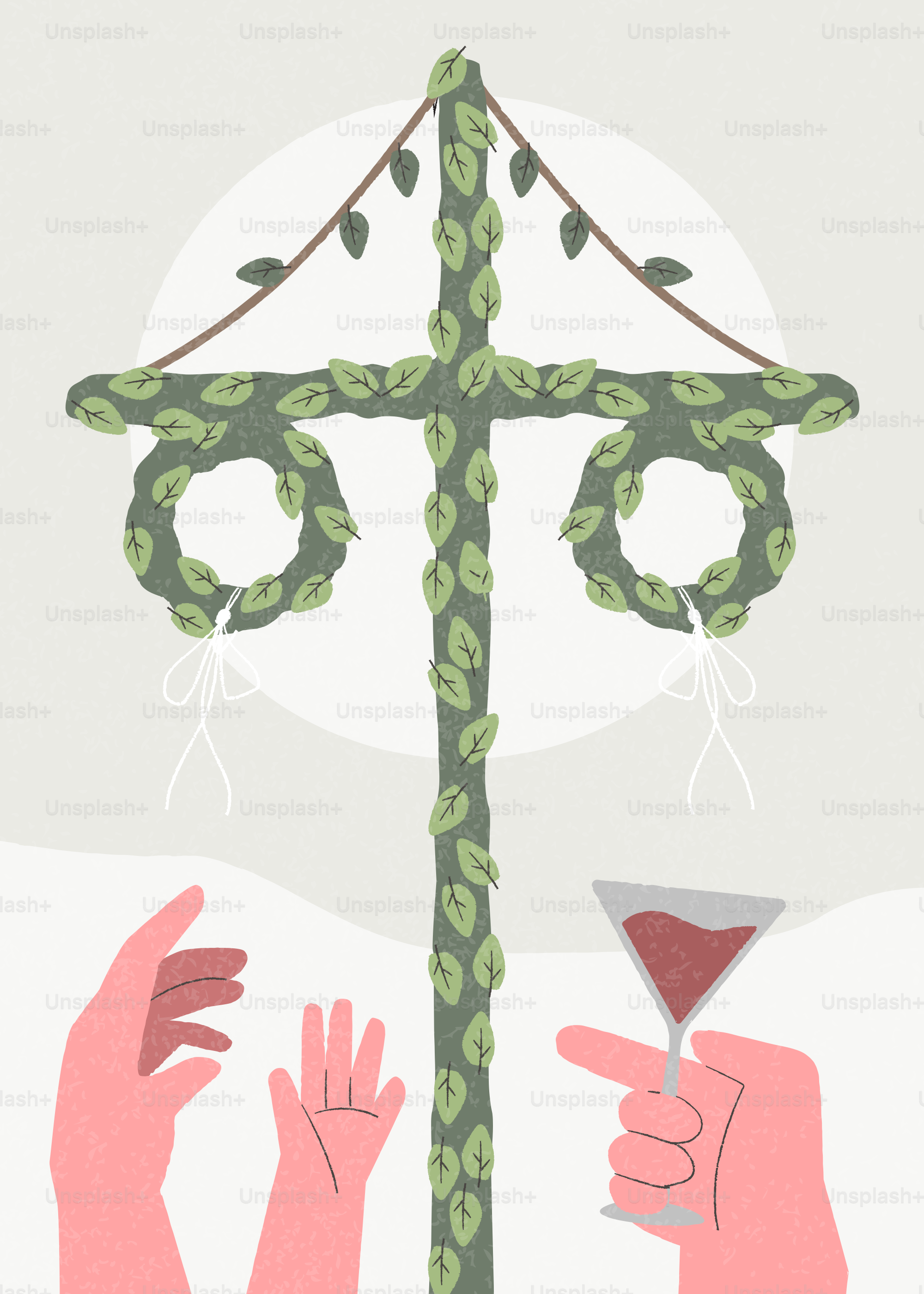 Maypole decorado com as folhas e as mãos que levantam bebidas
