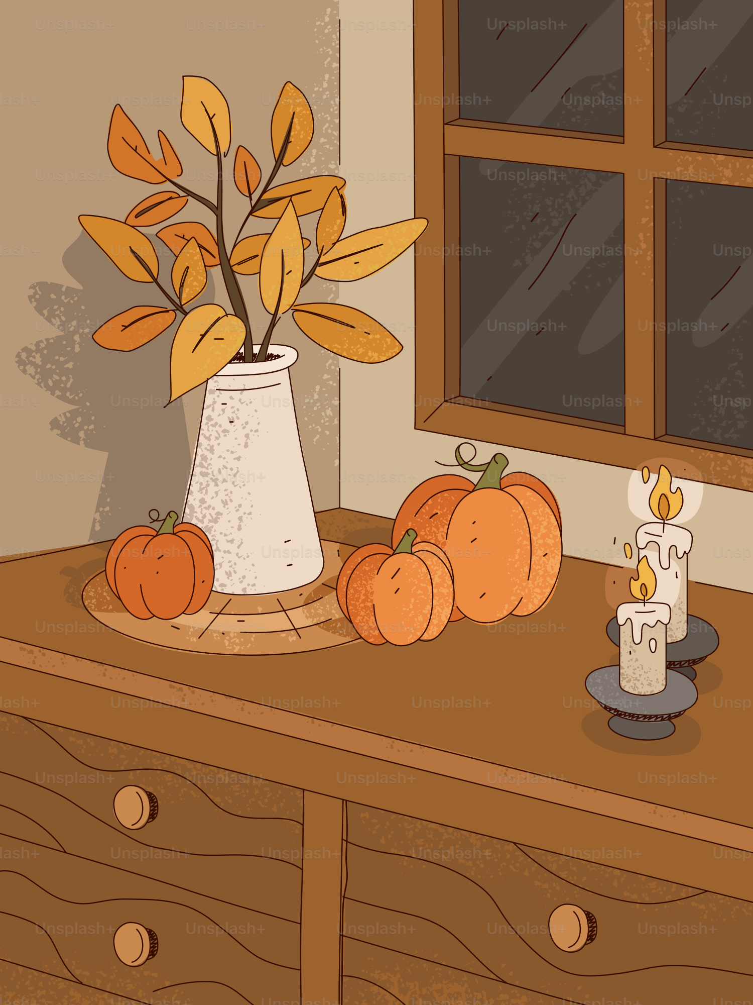 Pumpkins and autumn leaves on a dresser near a window.