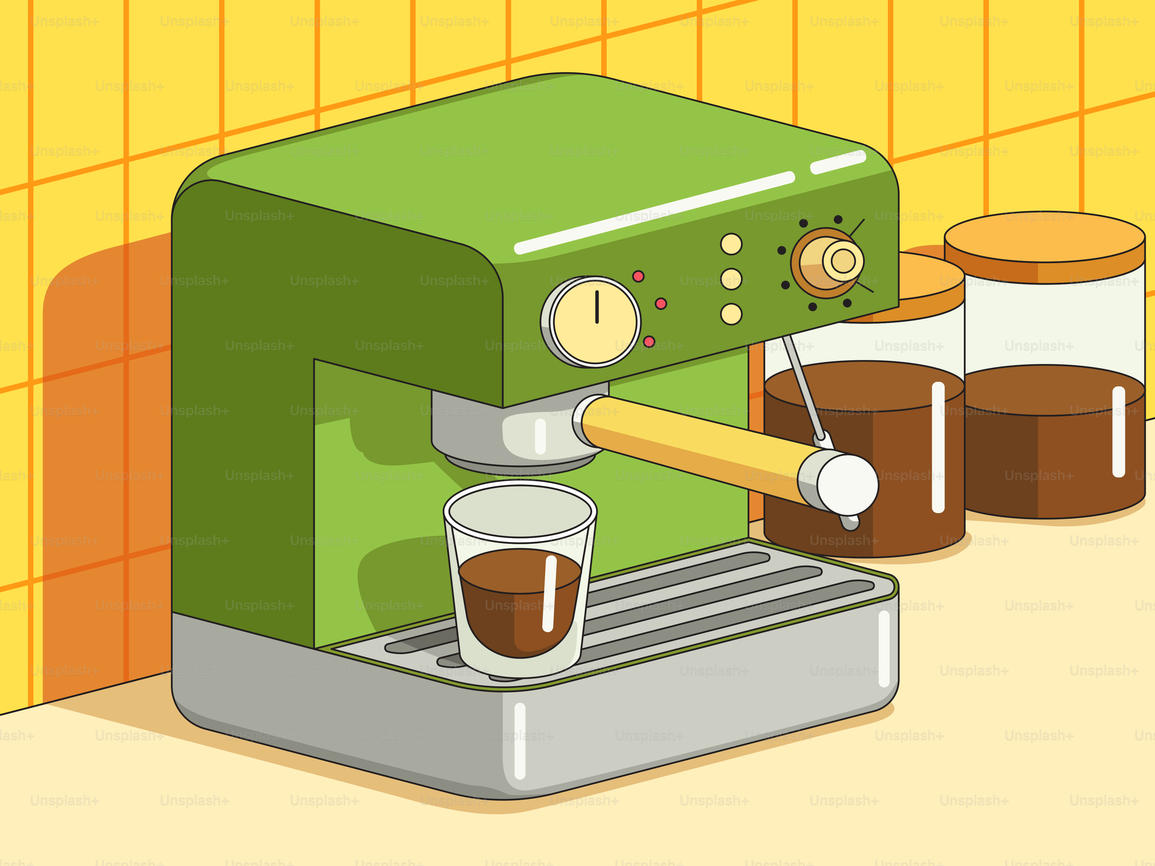 Green espresso machine brewing coffee into a glass.