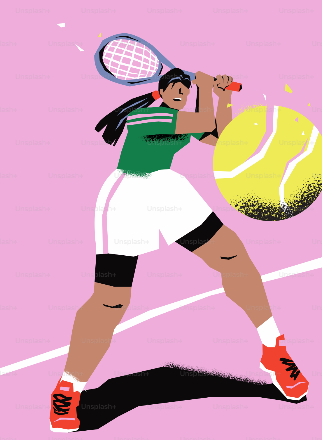 여자가 테니스를 치고, 노란 공을 치고 있어요.