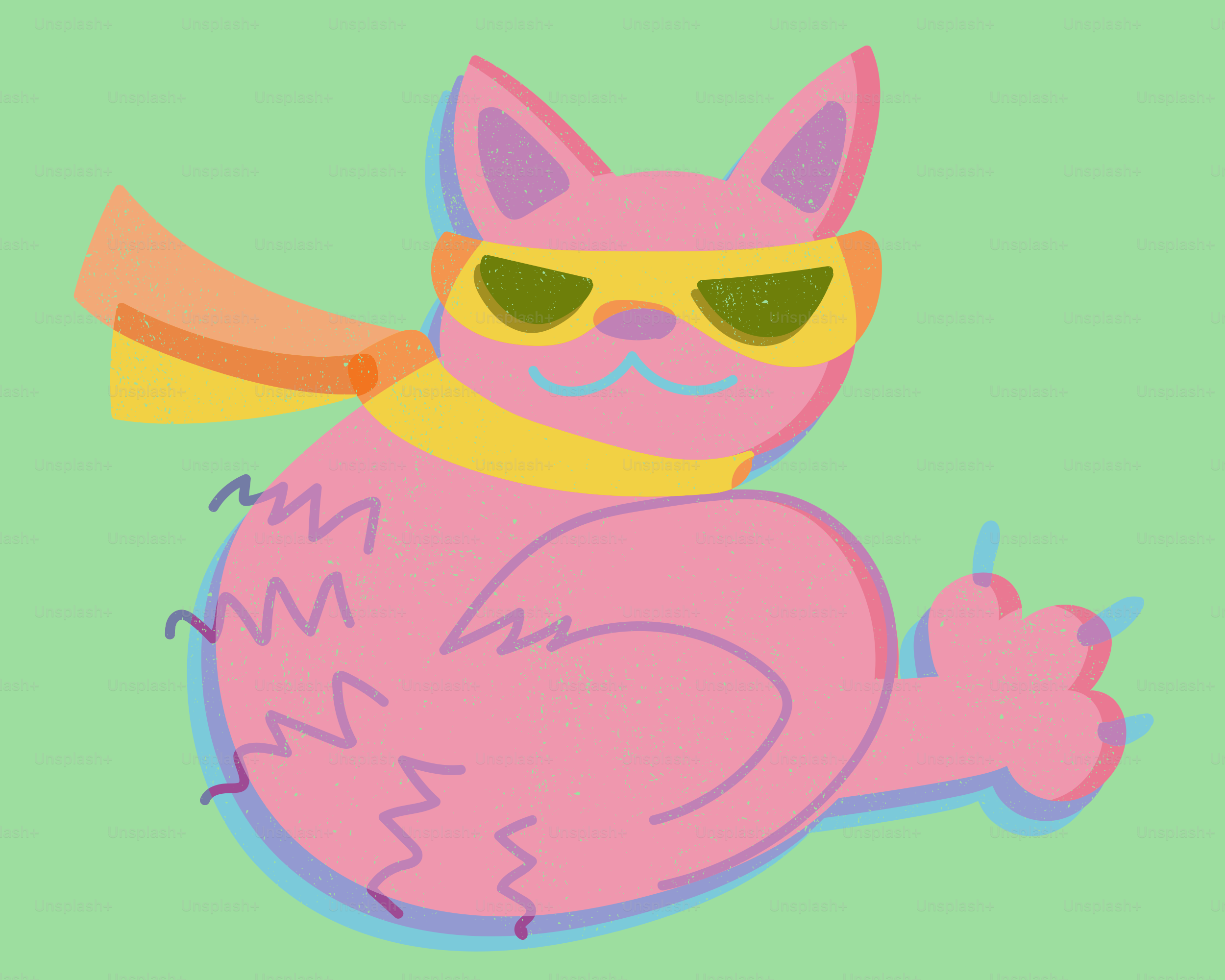 A pink cat wearing sunglasses and a scarf