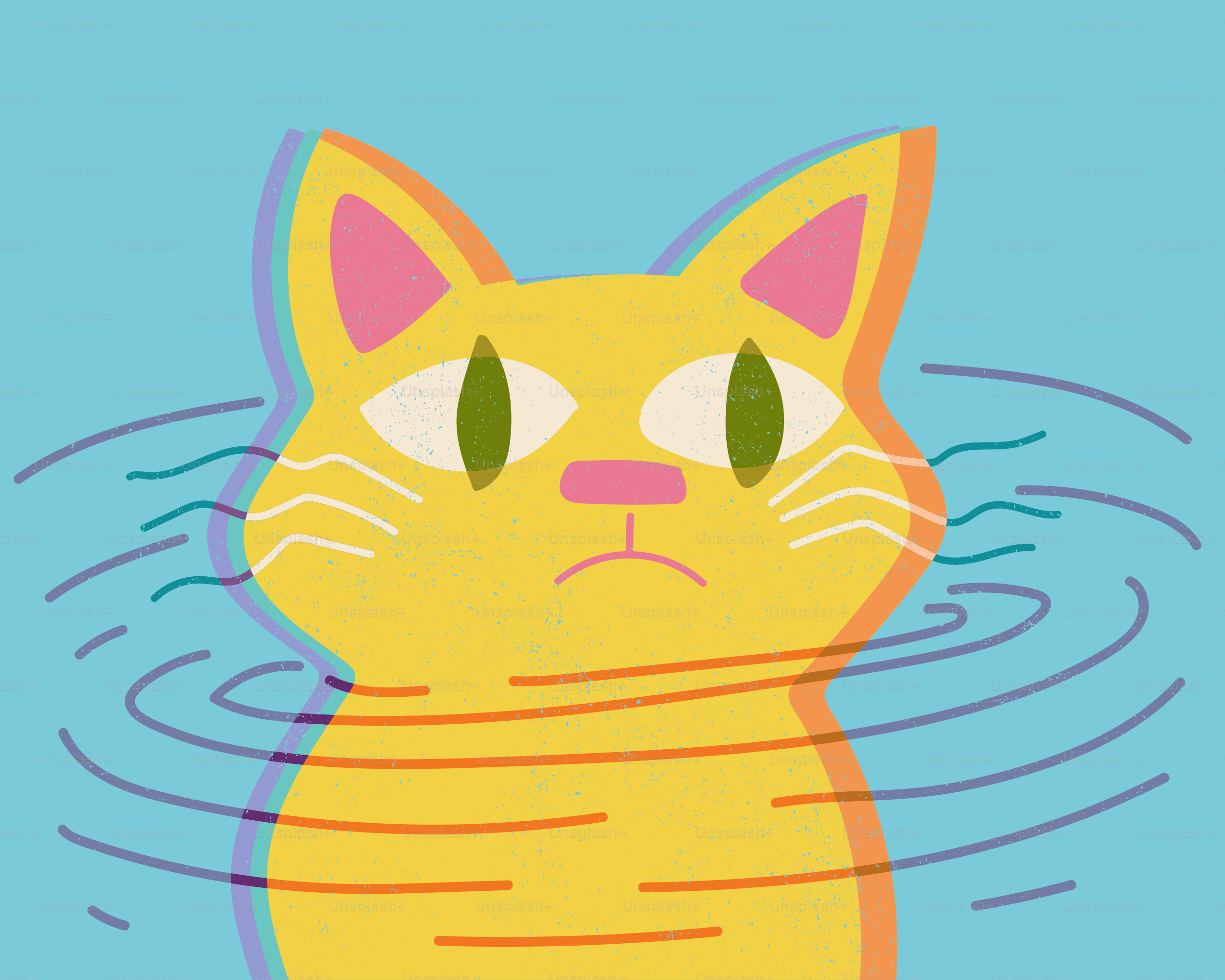 A yellow cat with green eyes looks concerned.