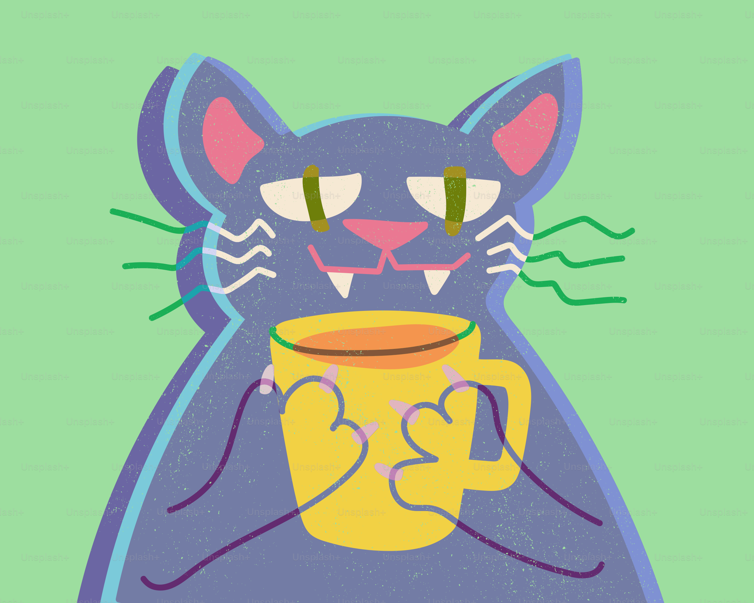 Un gato de dibujos animados sosteniendo una taza amarilla de café.