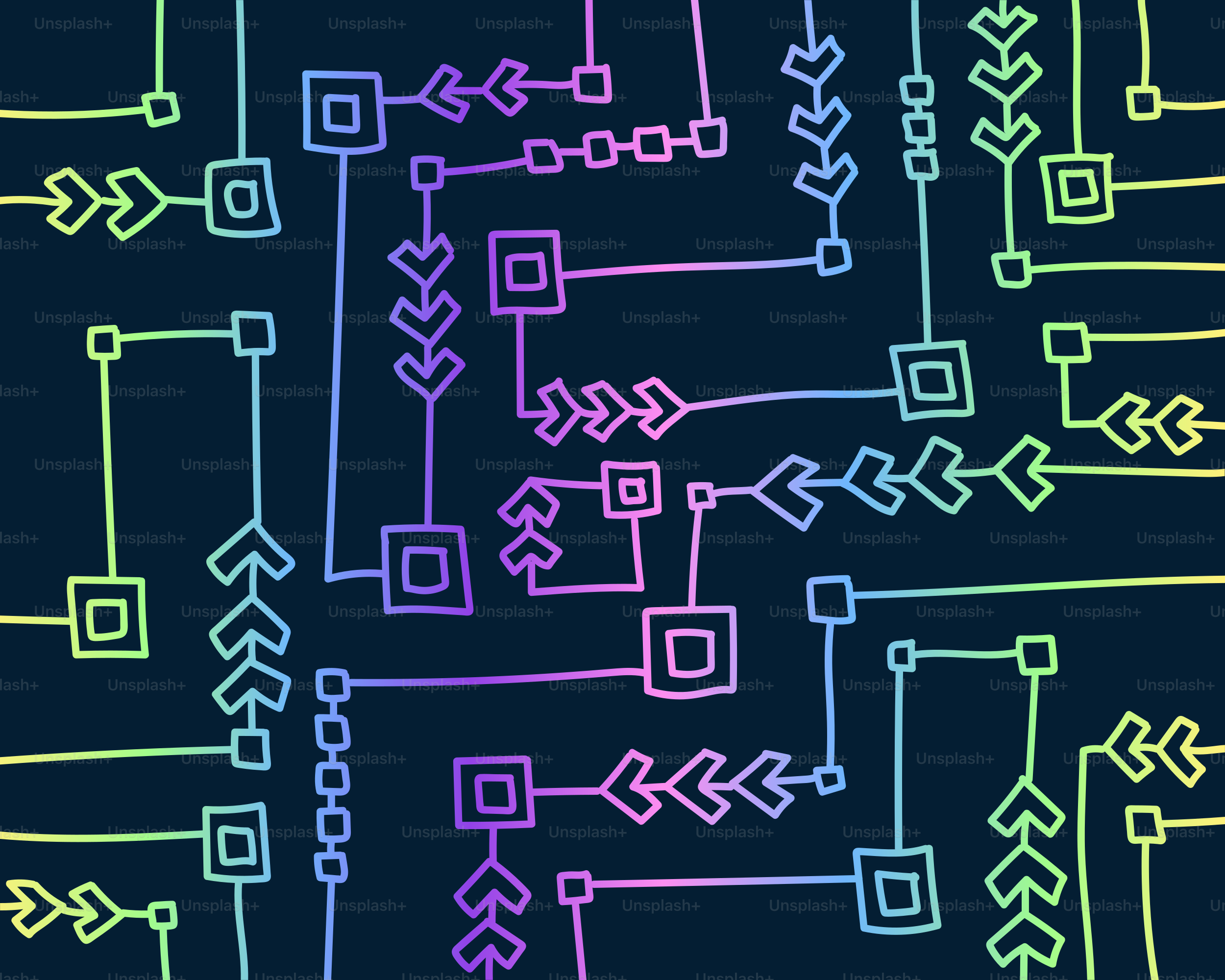 Colorful abstract circuit board pattern with squares and arrows vector ...