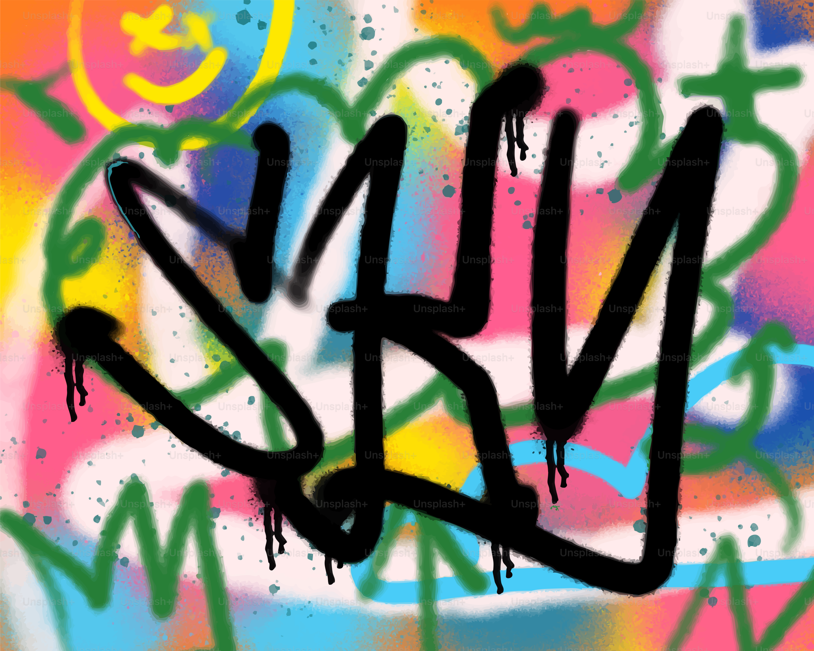 Arte de graffiti colorido con letras negras goteando.