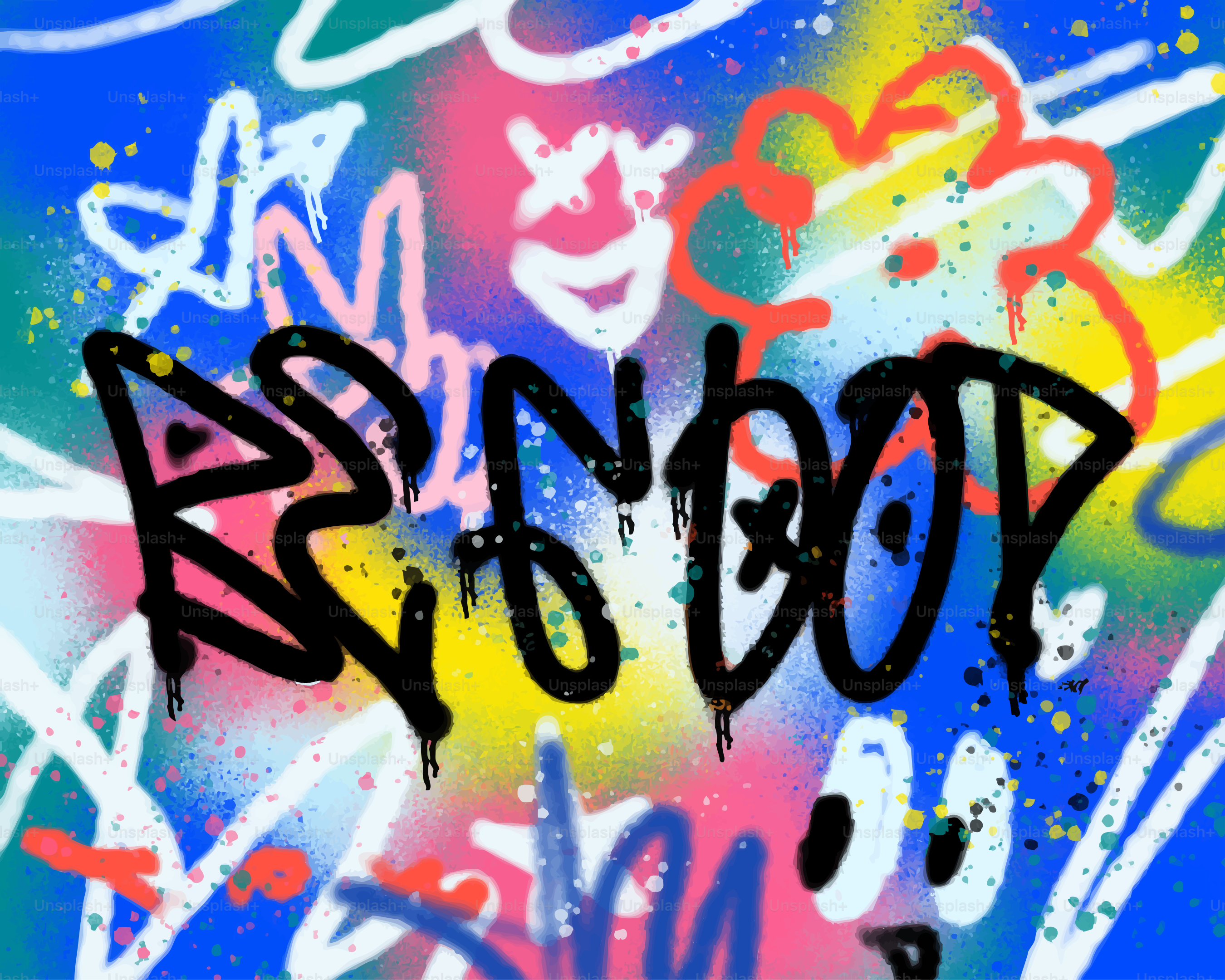 Arte de graffiti colorido con texto negro y gotas