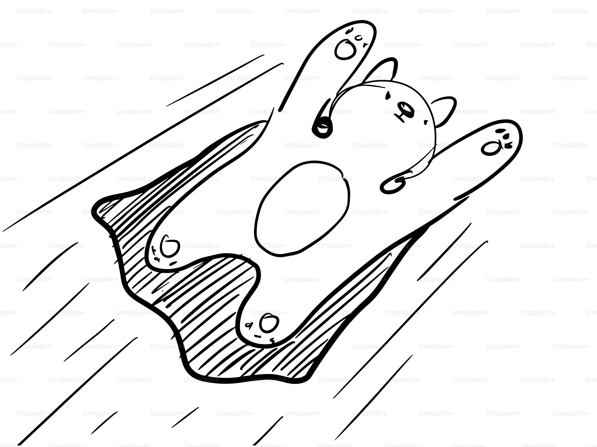 Gato dos desenhos animados que voa com braços e pés estendidos.