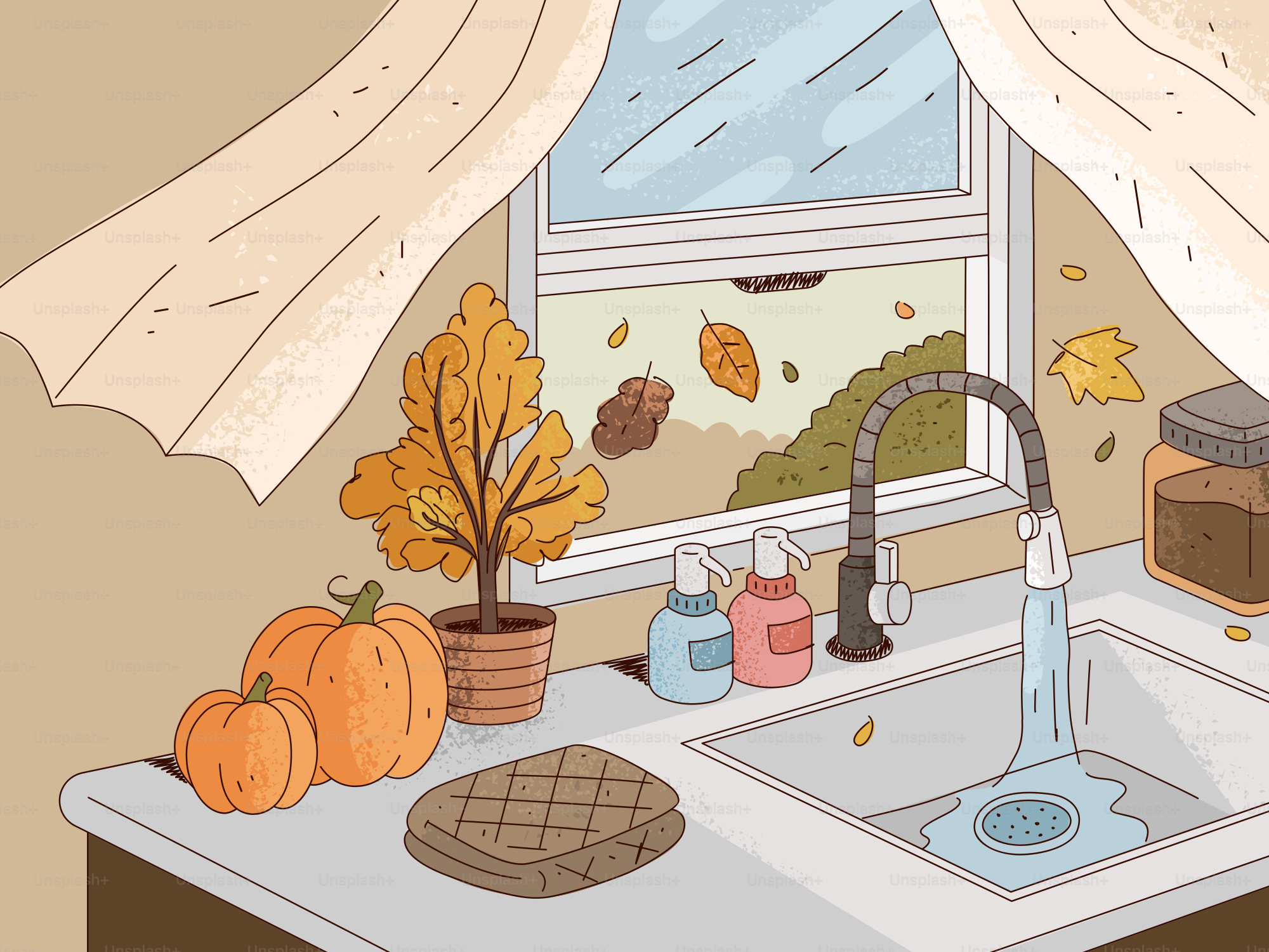Autumn scene with pumpkins and falling leaves outside window