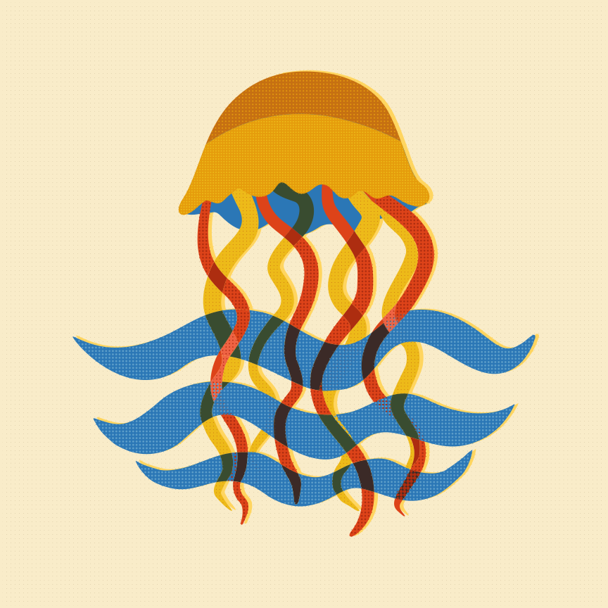 Stylized jellyfish floats above blue waves on cream background