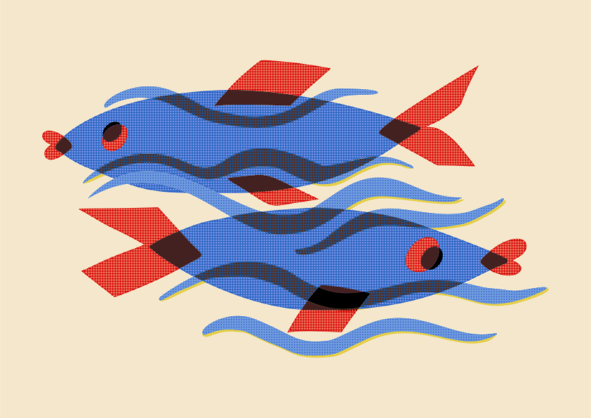 Deux poissons bleus nagent dans une eau ondulée