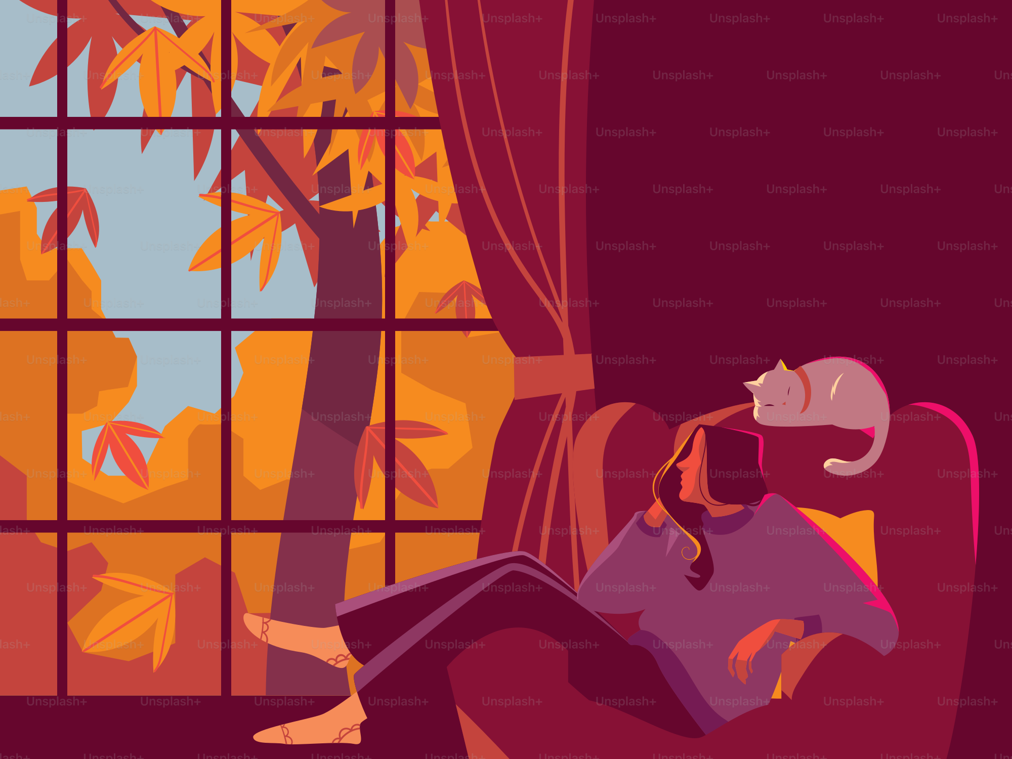 Frau entspannt sich drinnen mit Katze im Sessel am Fenster