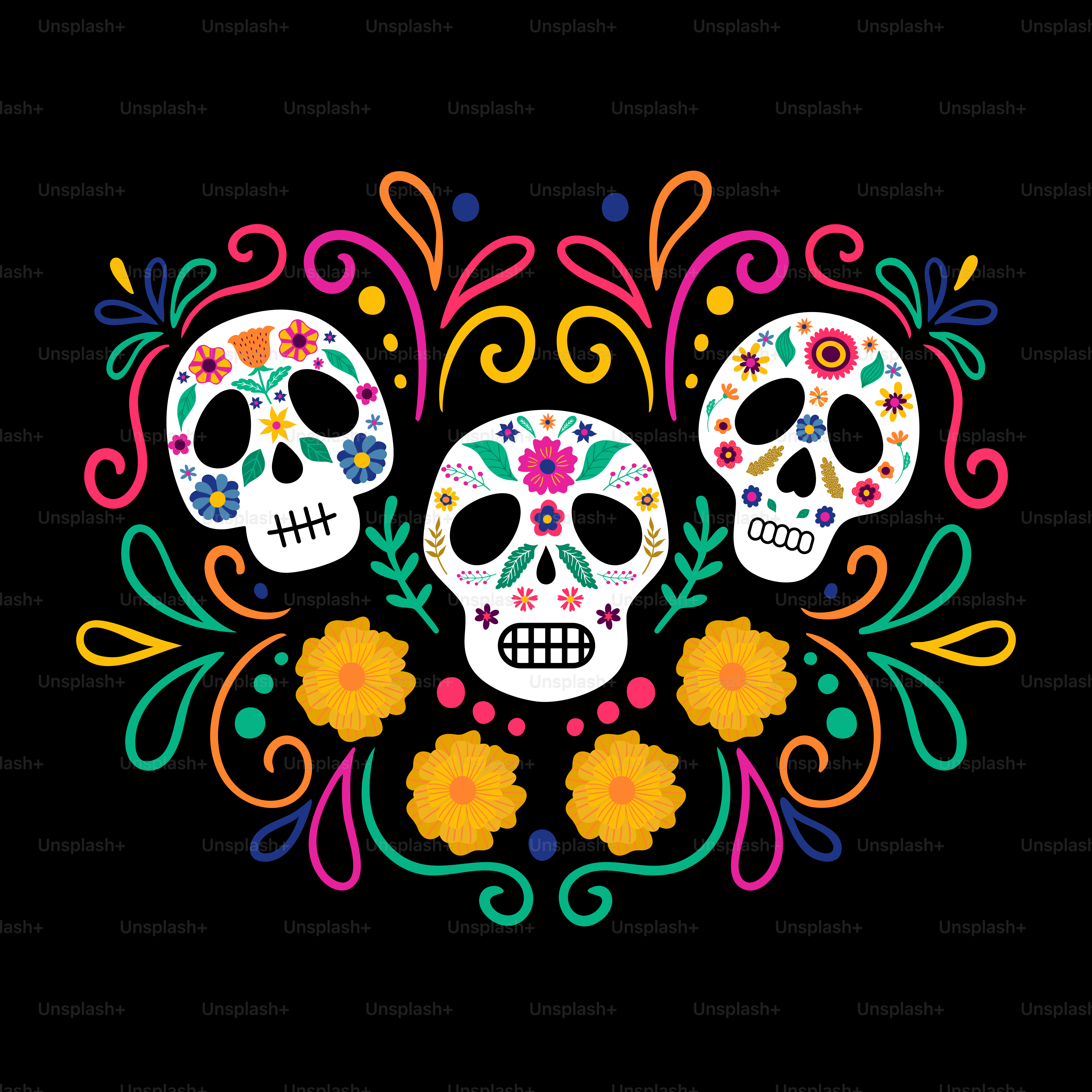 Three decorated skulls with colorful floral patterns